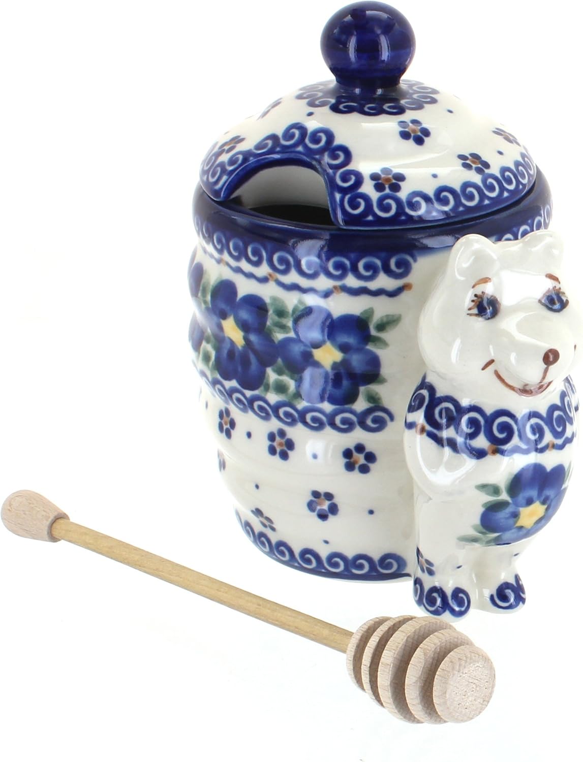 Blue Rose Polish Pottery - Blue Spring Blossom Honey Pot - 6" Tall - Ceramic Honey Jar with Lid & Wooden Dipper