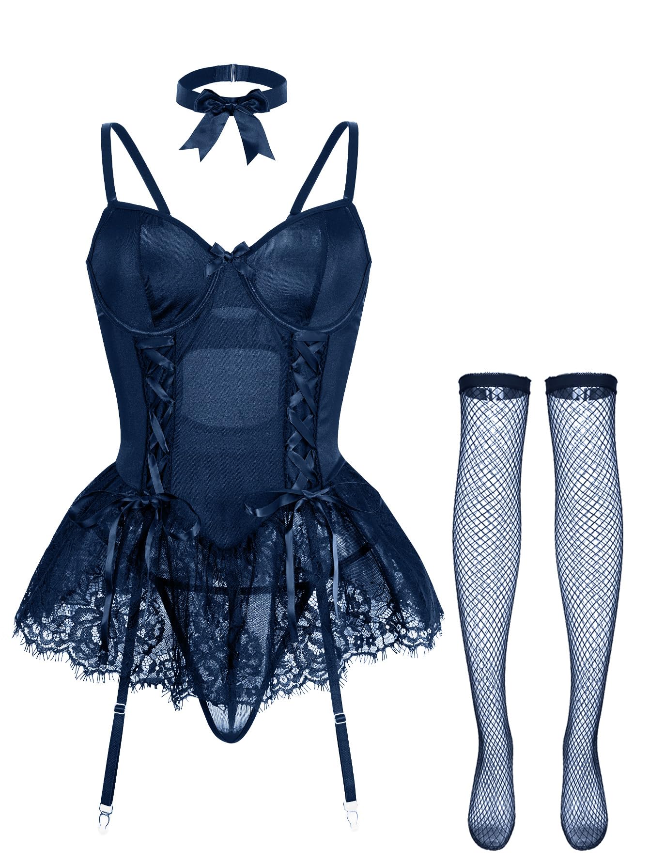 Sexy outfit Seksowny gorset typu choker z fiszbinami, koronkowa przezroczysta podwiązka pończochy komplet bielizny Babydoll ze stringami 4-częściowe stroje