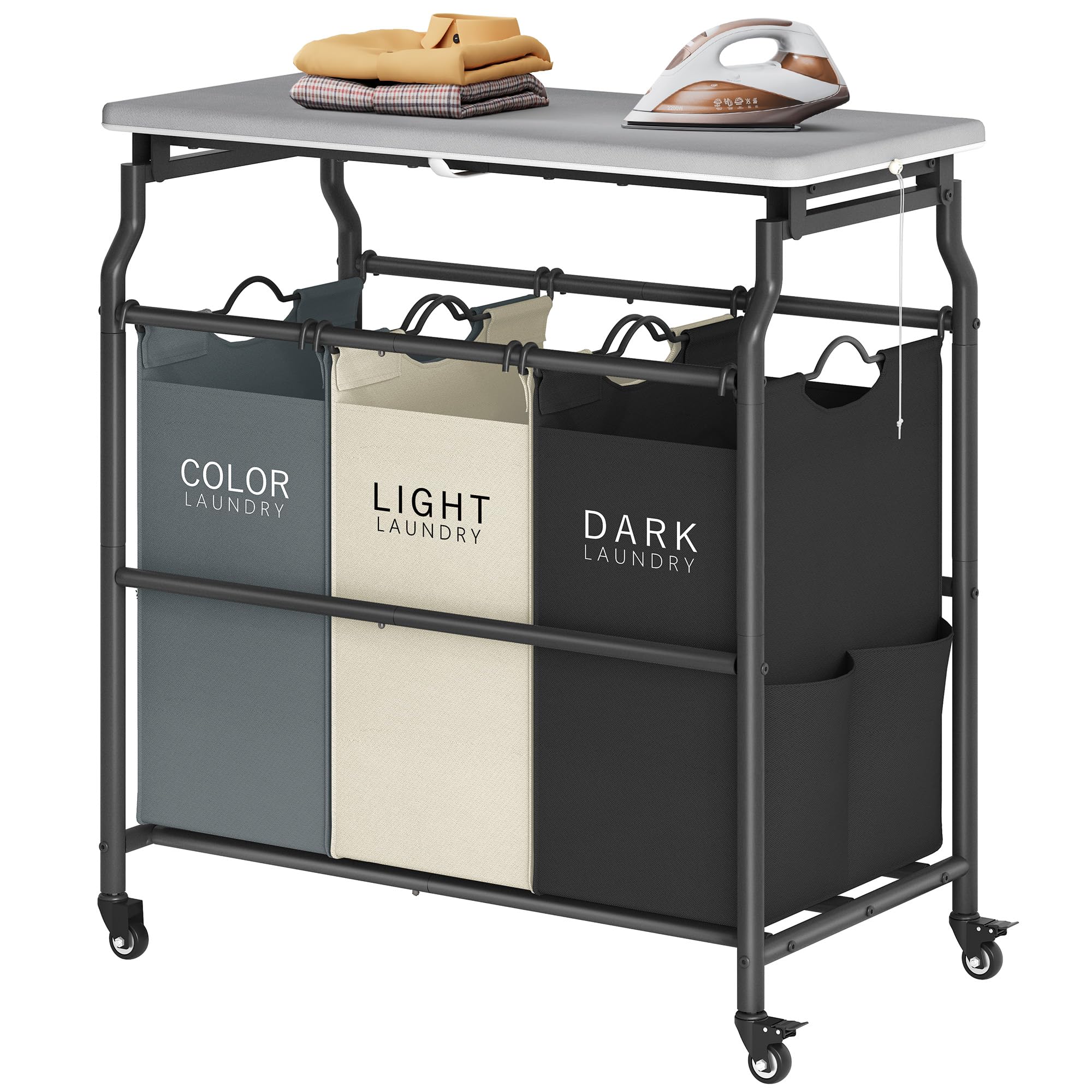 Hoctieon 3 Section Laundry Sorter Cart with Ironing Board, Laundry Hamper Basket with Shelf and Wheels, Heavy Duty Clothes Organizer, Large Clothes Separator with Removable Bags, Black+Gray+Beige