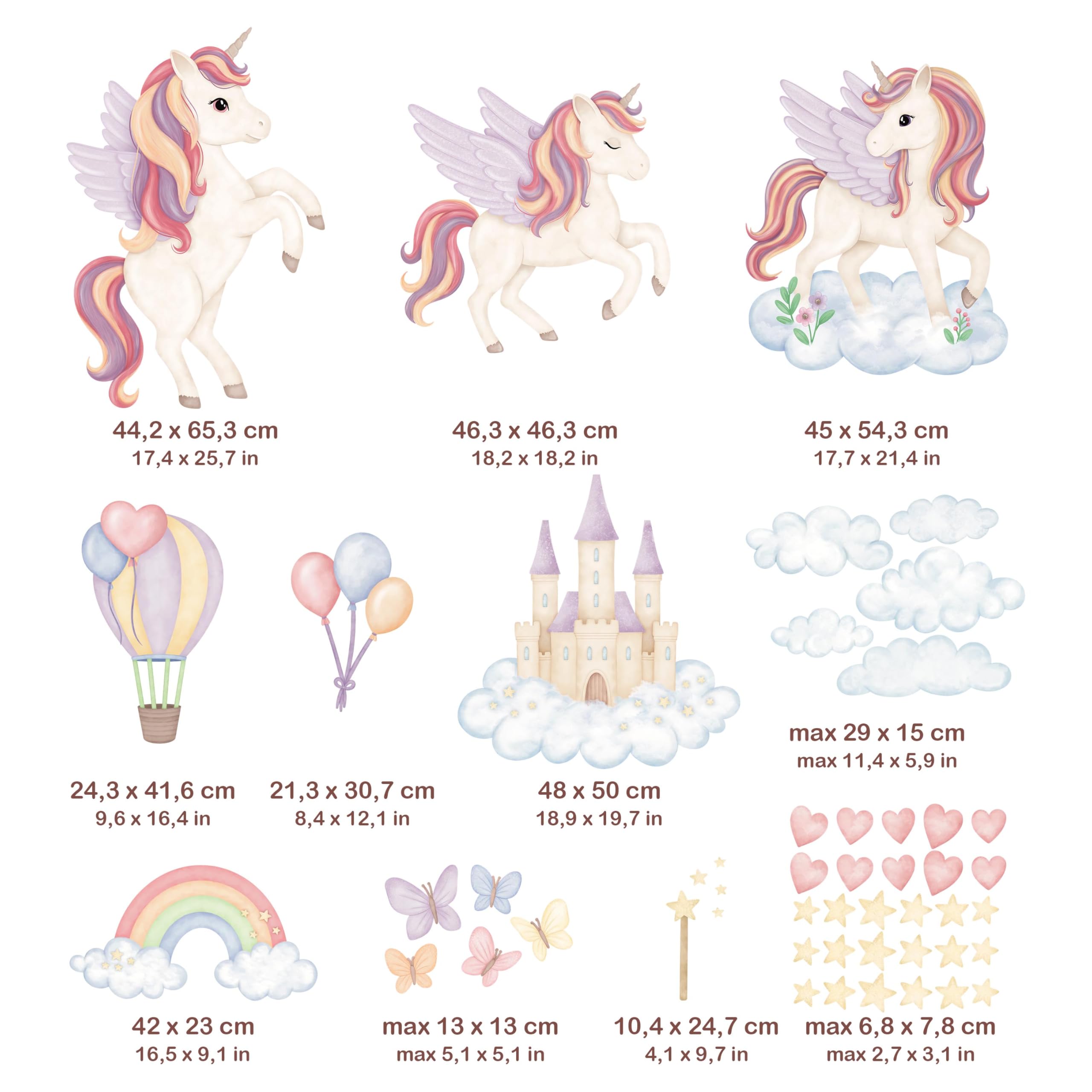 Wandtattoo Kinderzimmer Einhörner - Kinderzimmer Deko 50 separate Aufkleber - Wandtattoo Kinderzimmer Sicher für Kinder - Wanddeko Pastellfarbene, Rosa, Violette - Magische Einhörner
