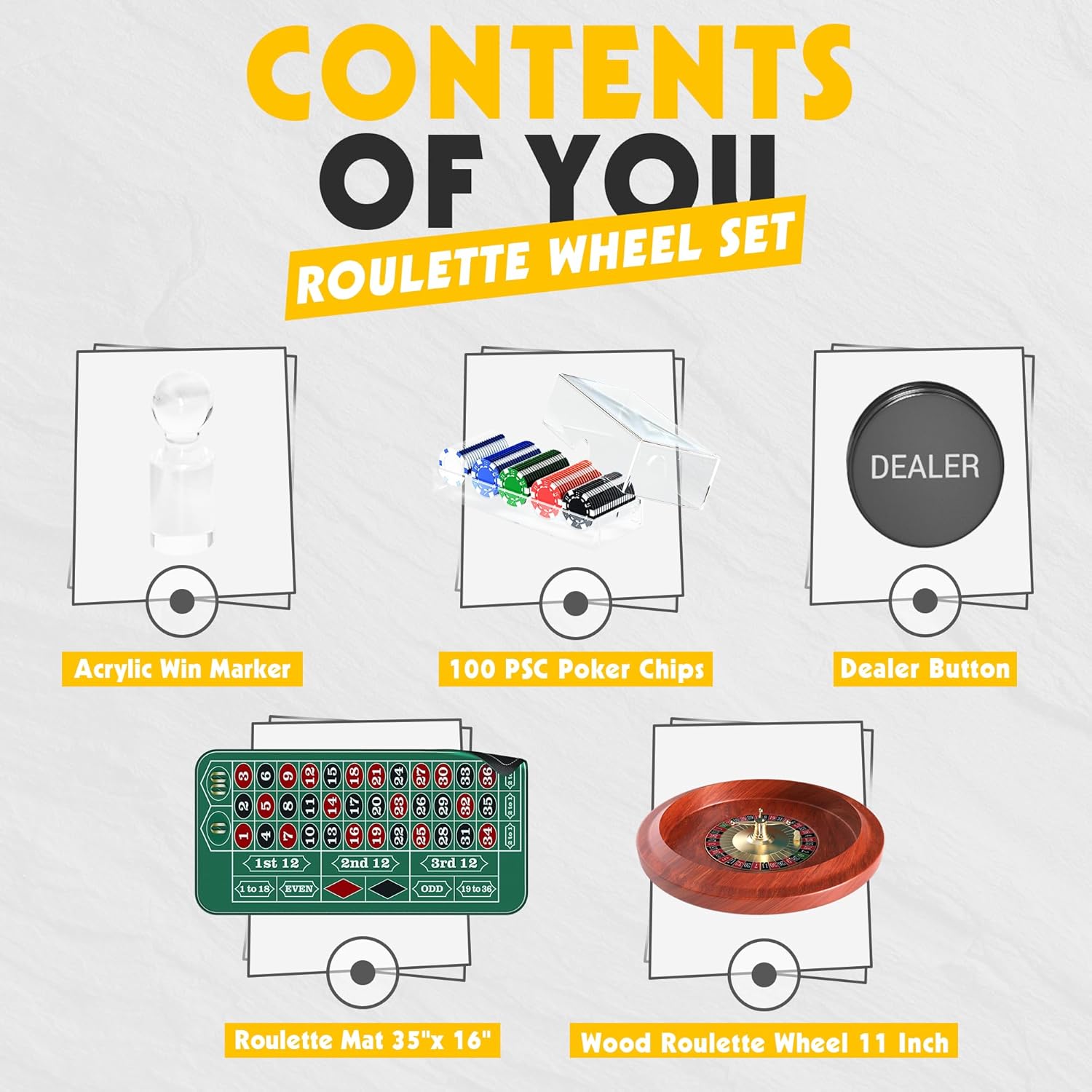 11 Inch Roulette Wheel Set for Adults with Rubber Roulette Table Mat 35" x 16" Wood Roulette Wheel 11 Inch 100 Poker Chips Set Win Mark Dealer Button-Green