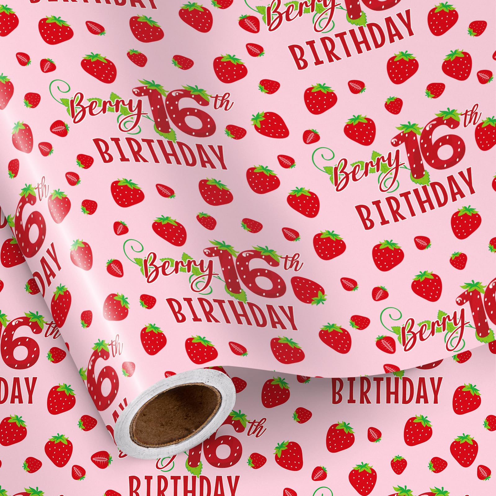 RUSPEPA 16th Birthday Wrapping Paper Mini Roll, Pink Strawberry Berry Pattern, Festive Gift Wrap & Party Supplies for Teen Girls, 43.2cm x 5m