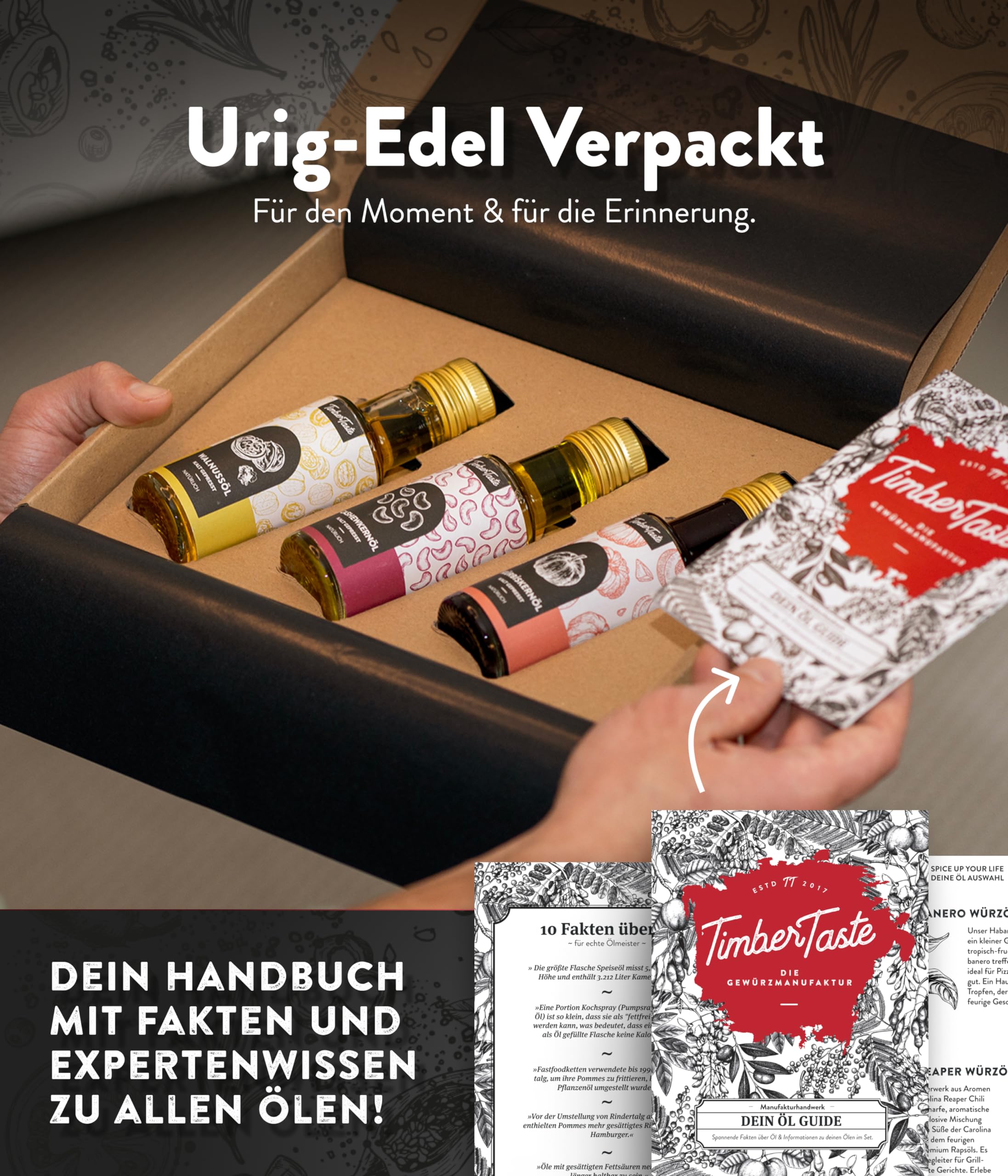 TIMBER TASTE® Öl Geschenkset für Männer RUSTIKAL - 3 erlesene Speiseöle 3x100ml - Premium Öl Set Geschenk Set