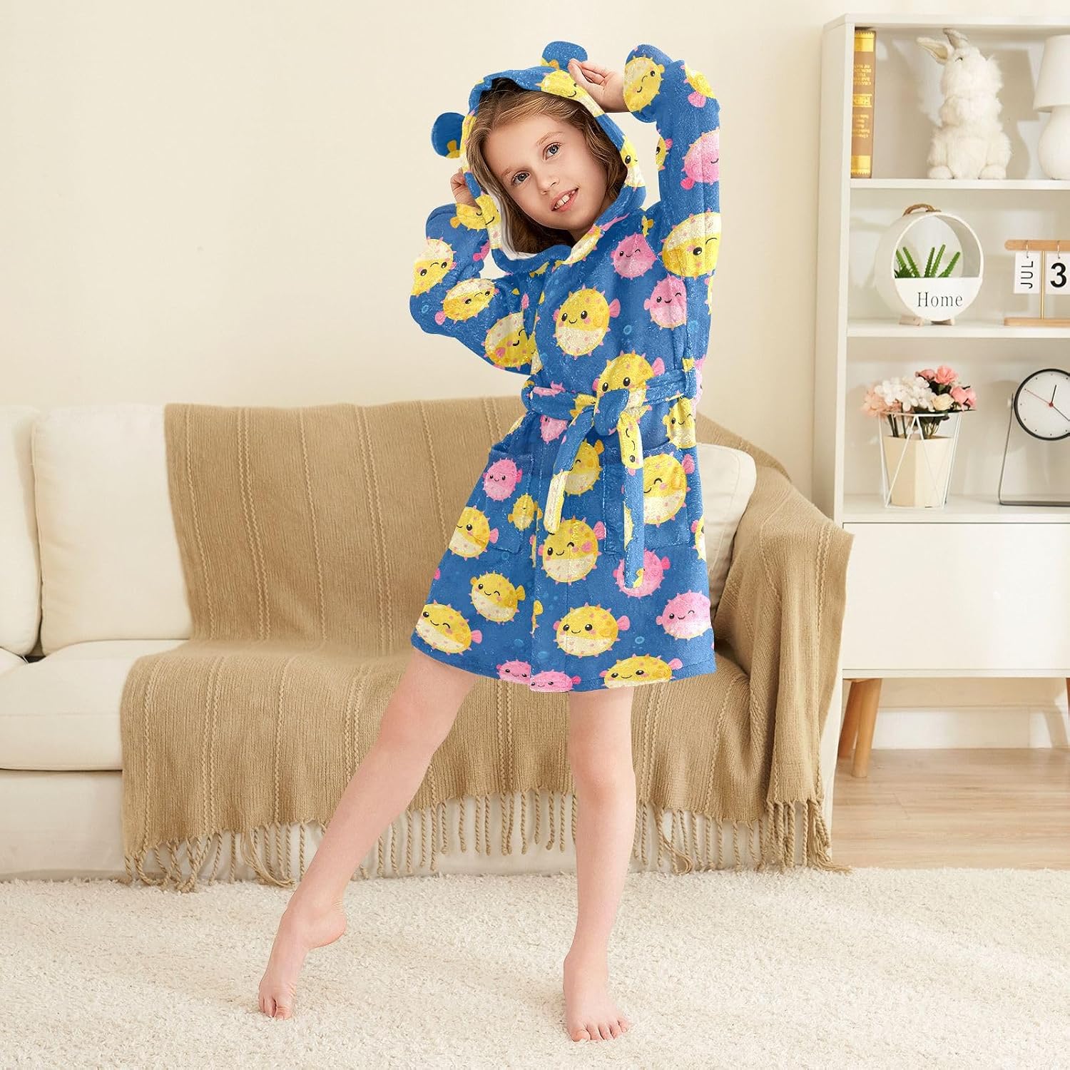 GuoChe Colorful globefishes Pattern Hooded Pajama Robe For Girls