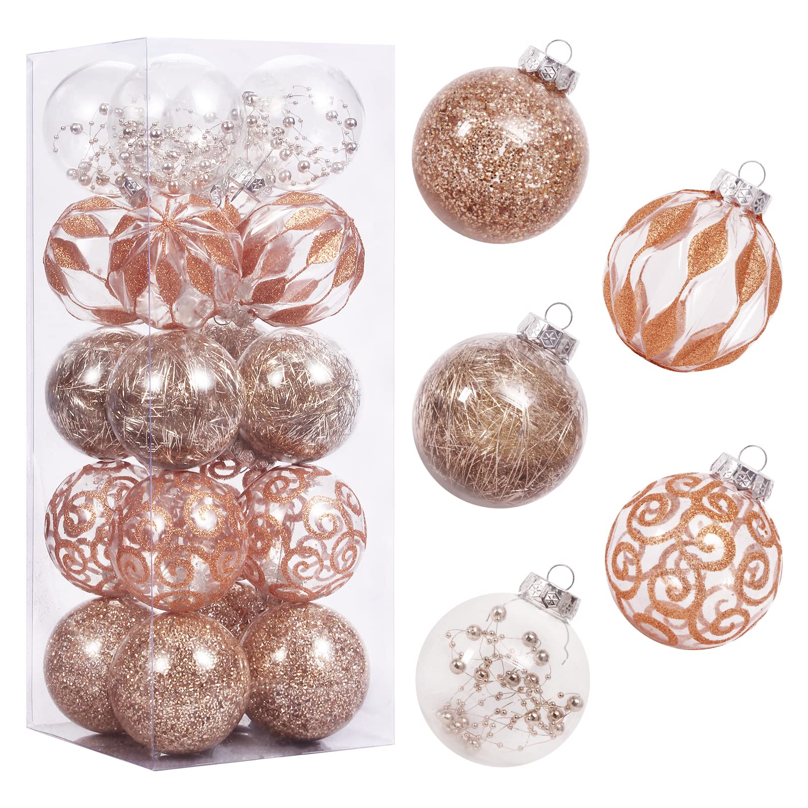 80mm/3.14" clear christmas ornaments set, 20pcs shatterproof decorative hanging ball ornament with stuffed delicate decorations, xmas tree balls for halloween holiday party thankgivings - champagne.