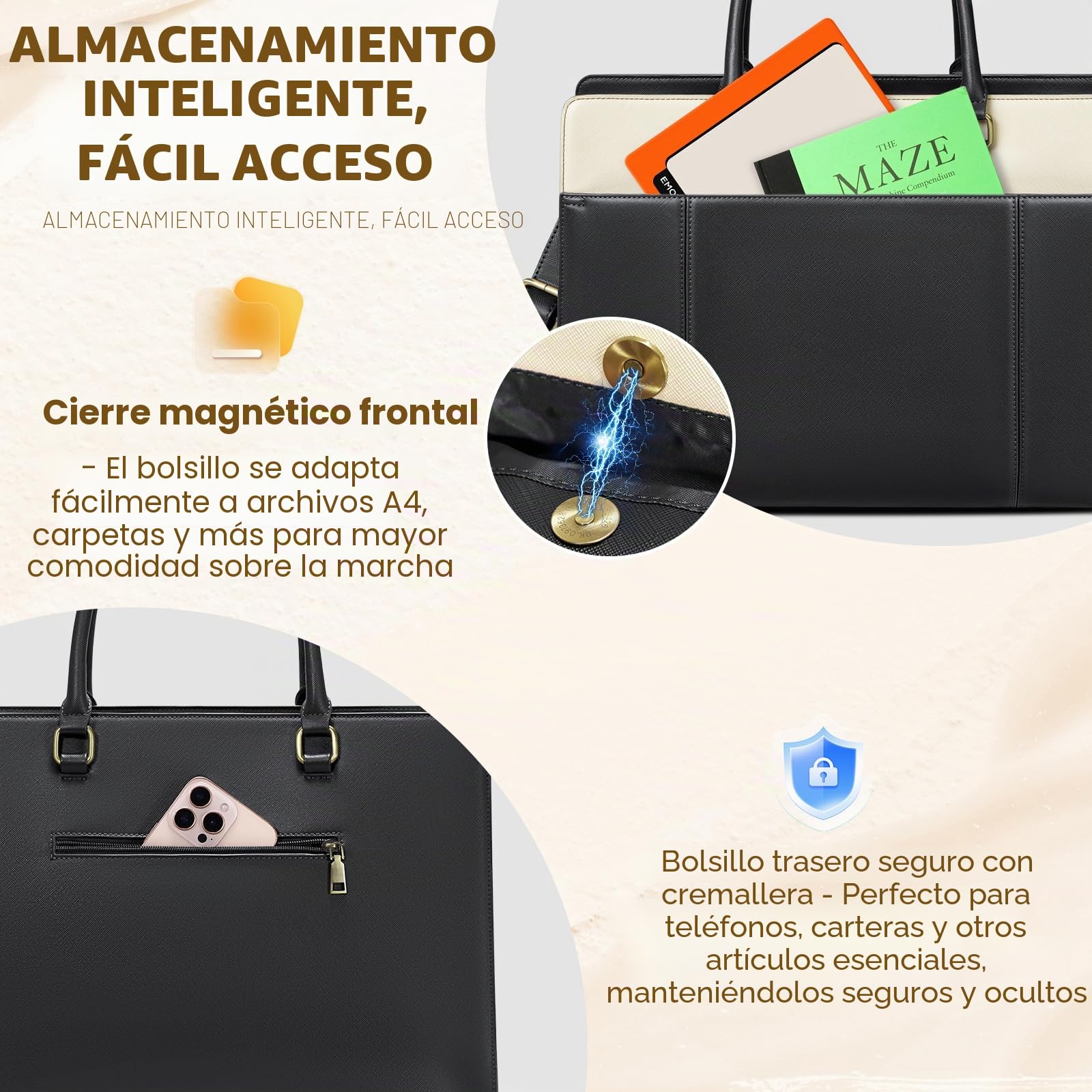 RAINSMORE Bolso Universidad Mujer Bolso Mujer Grande con Clutch Impermeable Ordenador Portatil 15.6 Pulgadas Bolsa Trabajo Shopper Oficina Negro