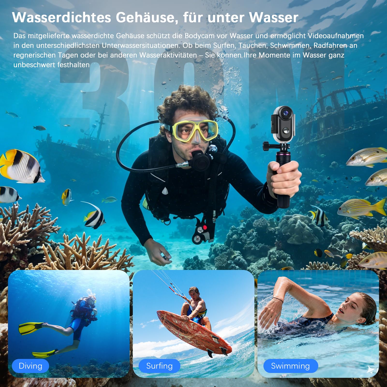 FHD 1080P Wasserdicht Mini Kamera Thumb Action Cam, Freisprechen Tragbar Body Cam POV Kamera with Halterung für Fahrrad und Helm, Live Übertragung Vlog Kamera with Magnet Schlüsselband for Vlogging