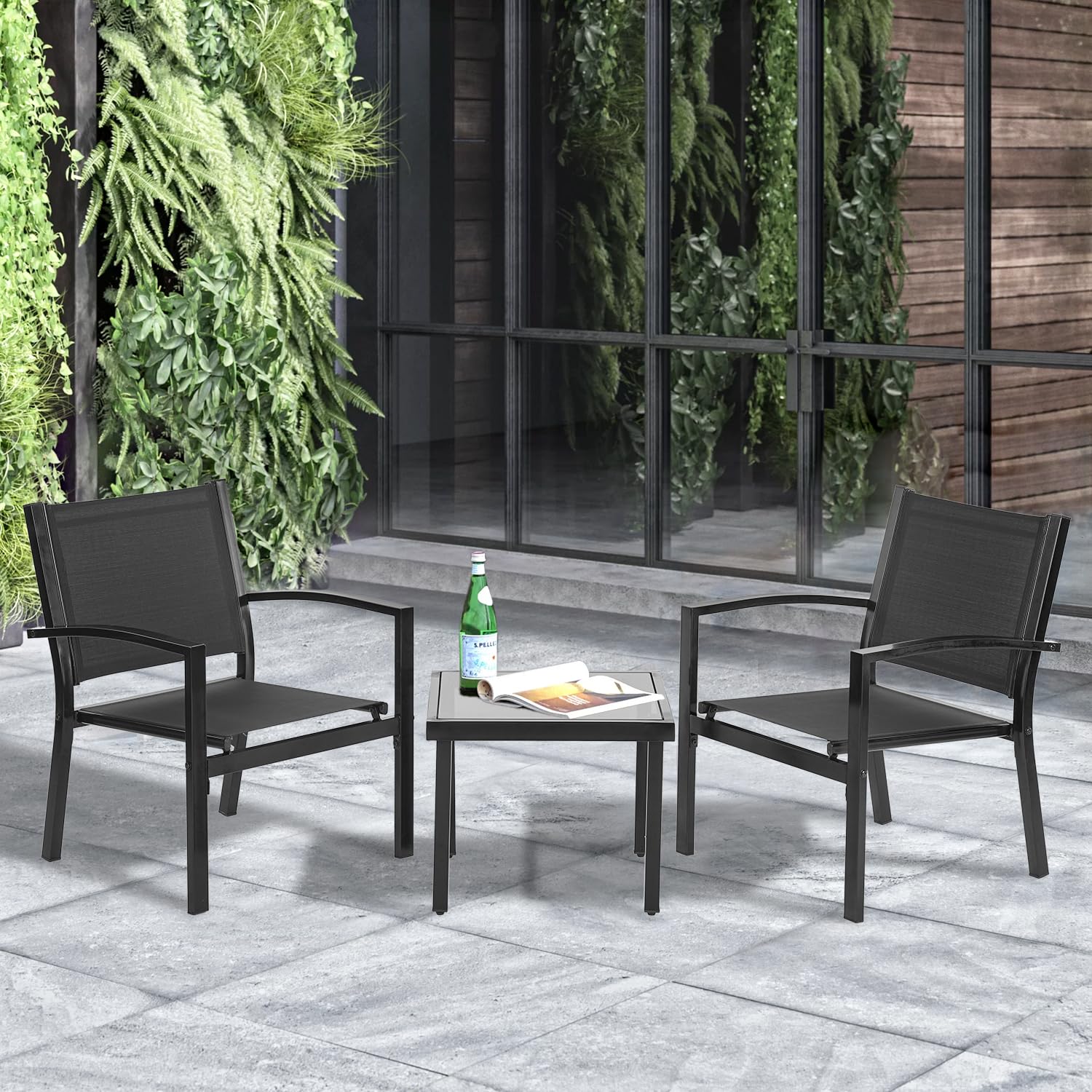 FDW 3 Pieces Patio Furniture Set, Outdoor Garden Patio Conversation Sets with Glass Top Table & 2 Lawn Chairs Outdoor Bistro Set, for Backyard Lawn Porch Garden Poolside Balcony