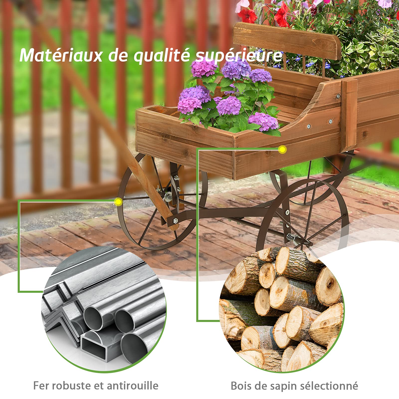 COSTWAY Brouette Décorative en Bois avec 2 Compartiments à Planter, Jardinière avec Roues Métalliques et Poignée à l'avant Charge 15kg pour Cour Jardin Véranda (Marron)
