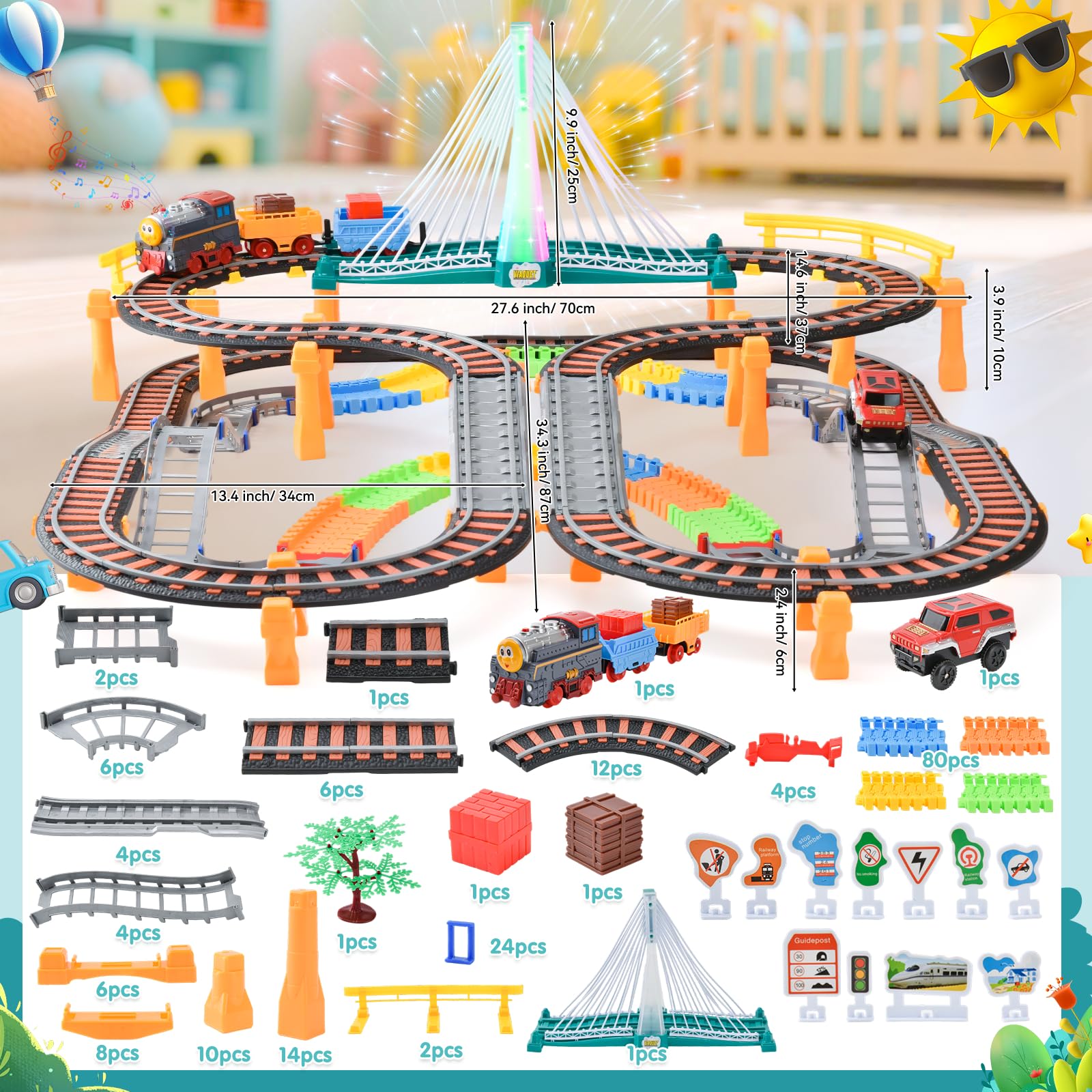 Trenino Elettrico per Bambini, 215 PCS Piste Macchinine per Bambini, Giocattolo Auto Pista Flessibile, Piste per Automobili con Ponte, Regalo Natale Compleanno 3-12 Anni