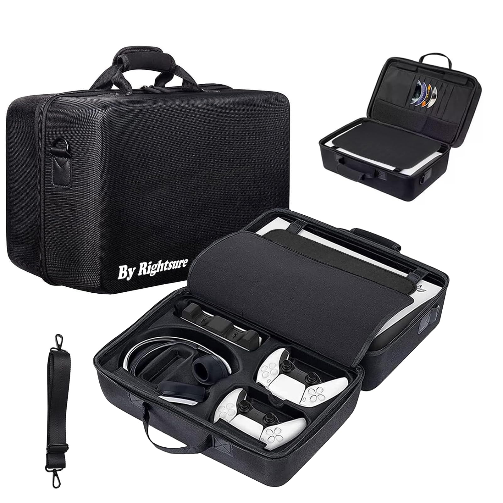 Rightsure PS5 Carrying Case for 2020 Disc Edition, EVA Hard Shell Protective Storage Bag with Dual Dividers, Waterproof, Travel Bag Compatible with Console, Dual Controllers & Accessories (Black)