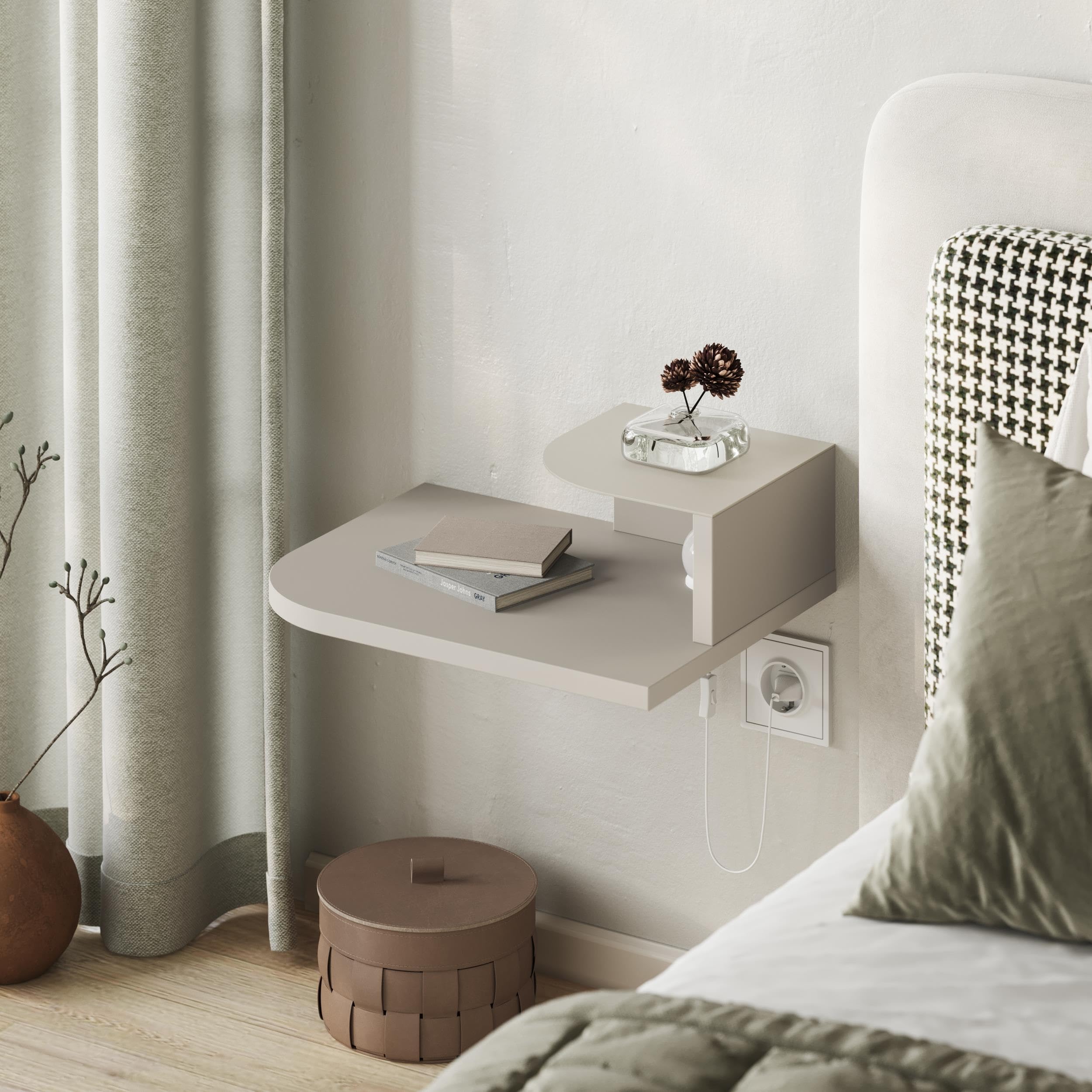 HOCUS PICUS Luno Wall Mounted Nightstand 40×30×12 cm | 2-Tier Floating Shelf with Adjustable LED Reading Light | Rounded Corners | Wall Mounted Bedside Storage (Sandstone)