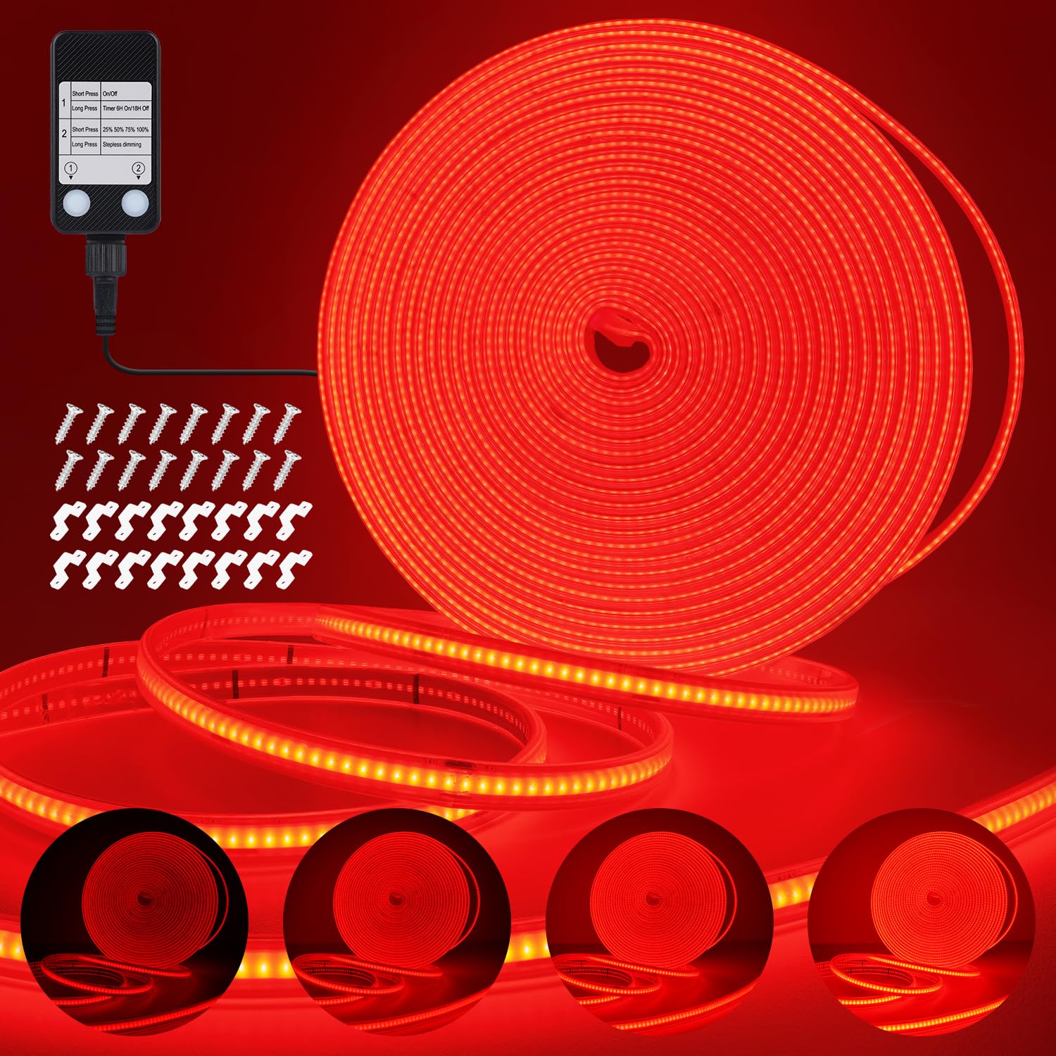 Starryever Red 10M Led Strip Lights, Outdoor 3200 Leds 24V Cri90+ Dimmable Plug-In Cob Light Strip Waterproof, Timer Led Strips With Ukca Power Supply For Kitchen, Camping, Diy, Home Decoration
