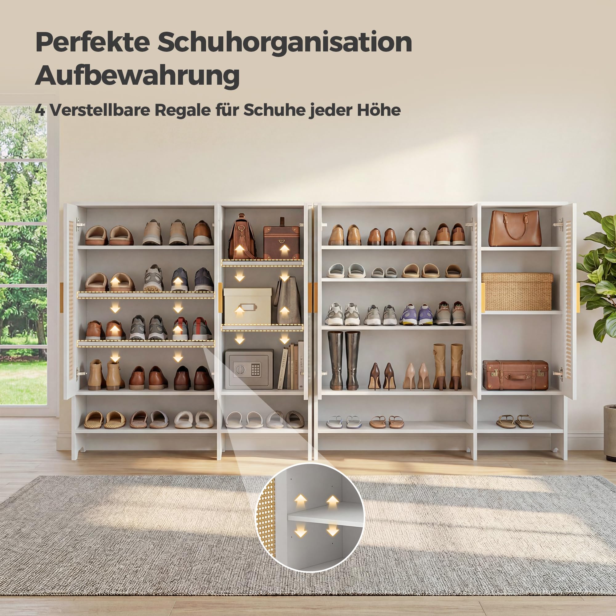 BonVache Weißer Schuhschrank mit Rattan, für Männer Größe Schuhe, Schuhschrank für Wohnzimmer und Foyer, 35.5×115×98.3 cm