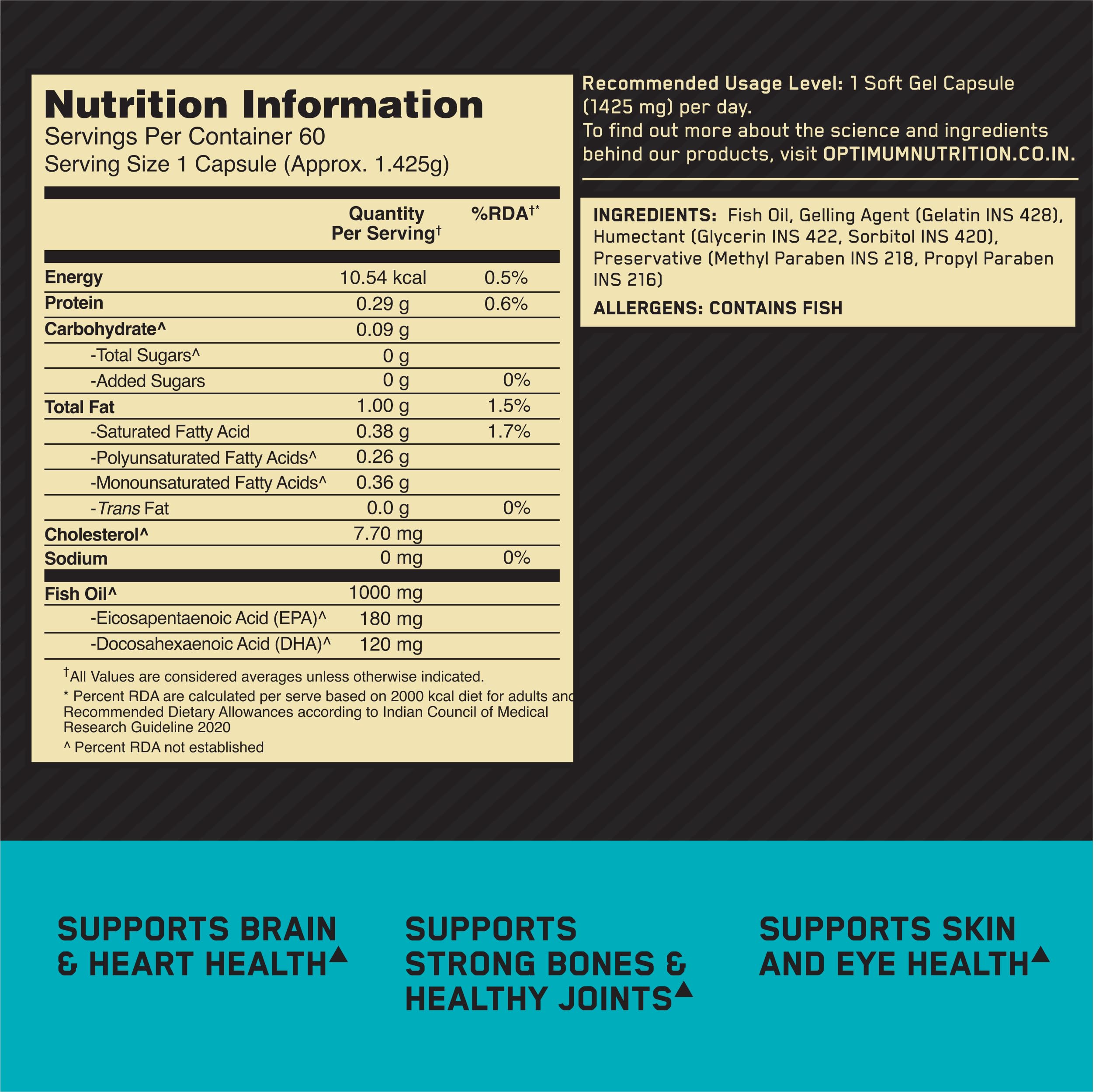 Optimum Nutrition (ON) Fish Oil - 60 Capsules, 300mg EPA/DHA Omega -3 Fatty Acids for Strong Bones-Healthy Joints, Brain, Heart, Skin & Eye Health 1