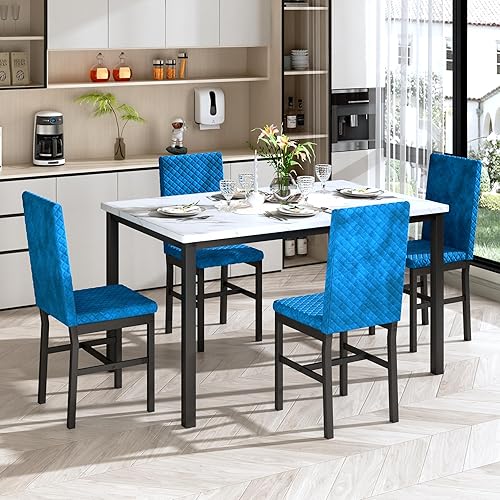 Miniatura 4 de Recaceik Juego de mesa de comedor para 4, juego moderno de 5 piezas con mesa de cocina de mármol sintético y 4 sillas tapizadas en terciopelo, juego