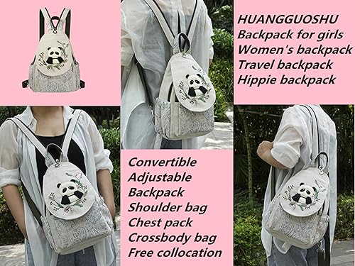 Vista 152 de HUANGGUOSHU Mujer de algodón tejido bohemio cáñamo Boho lona bordado múltiples bolsillos retro linda mochila cartera mochila mochila gato caprichoso