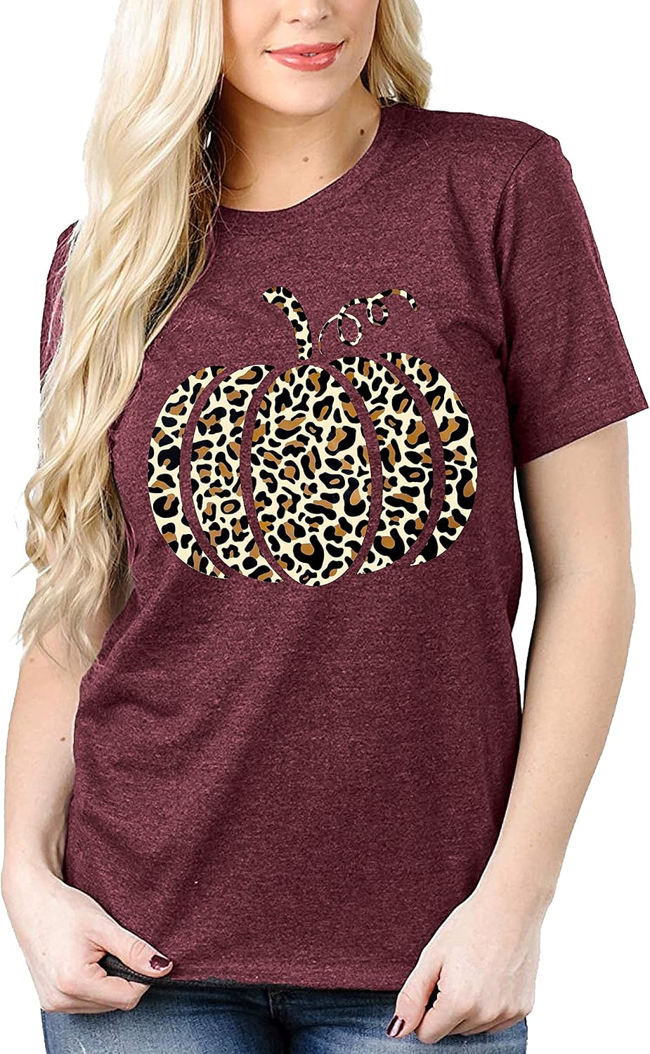 Halloween Pumpkin Shirt Women Leopard Graphic Tees Casual Fall Tops