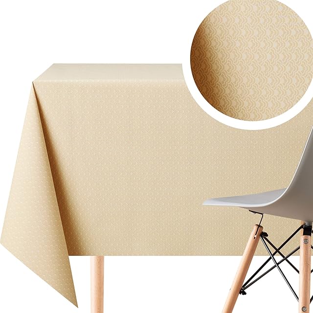 Cream Floral Geo Pattern Wipe Clean Tablecloth - Rectangle 200x140cm | 78x55in Rectangular Tables Up To 6 Seats - Elegant Moroccan Beige - Hard Wearing Wipeable Vinyl PVC Dining Table Oilcloth Cloths