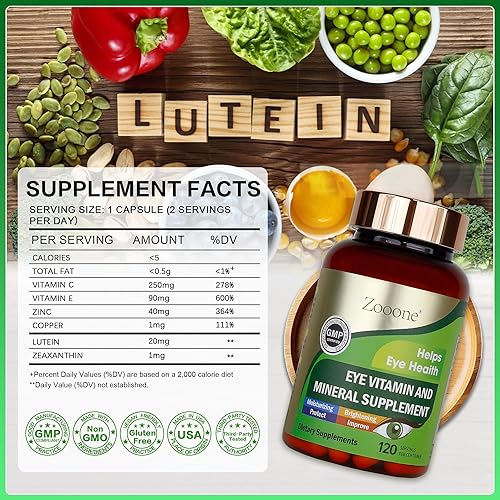 Miniatura 3 de zooone - Suplemento de vitaminas oculares de luteína de 120 piezas para la salud macular y el ojo seco, contiene luteína, zinc, vitaminas CE y