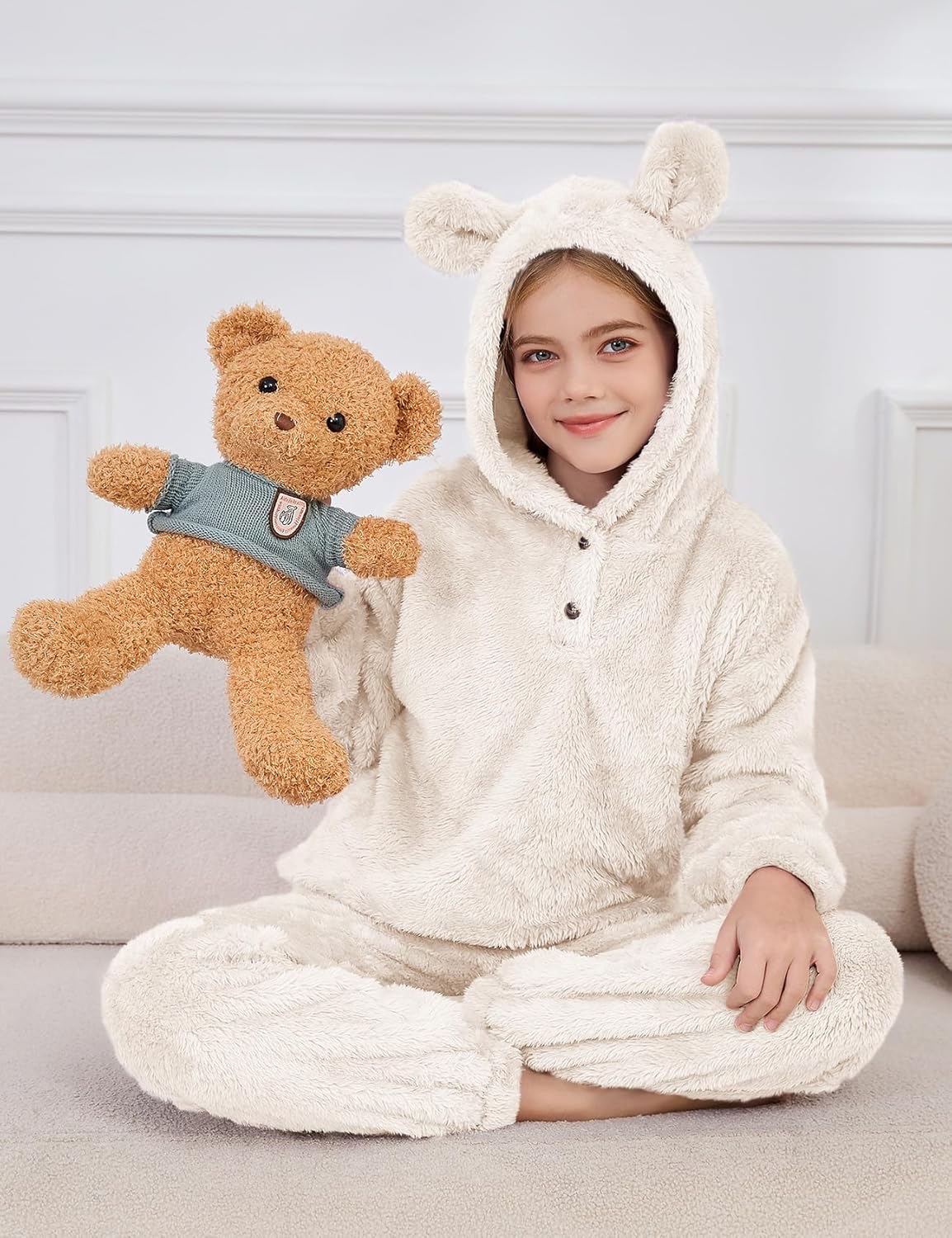 Kissonic Girls Fuzzy Pants Set Two Pieces Outfit Bear Ear Fluffy Hoodie Sweatshirt and Sweatpant Kids Clothing Sets - Image 4