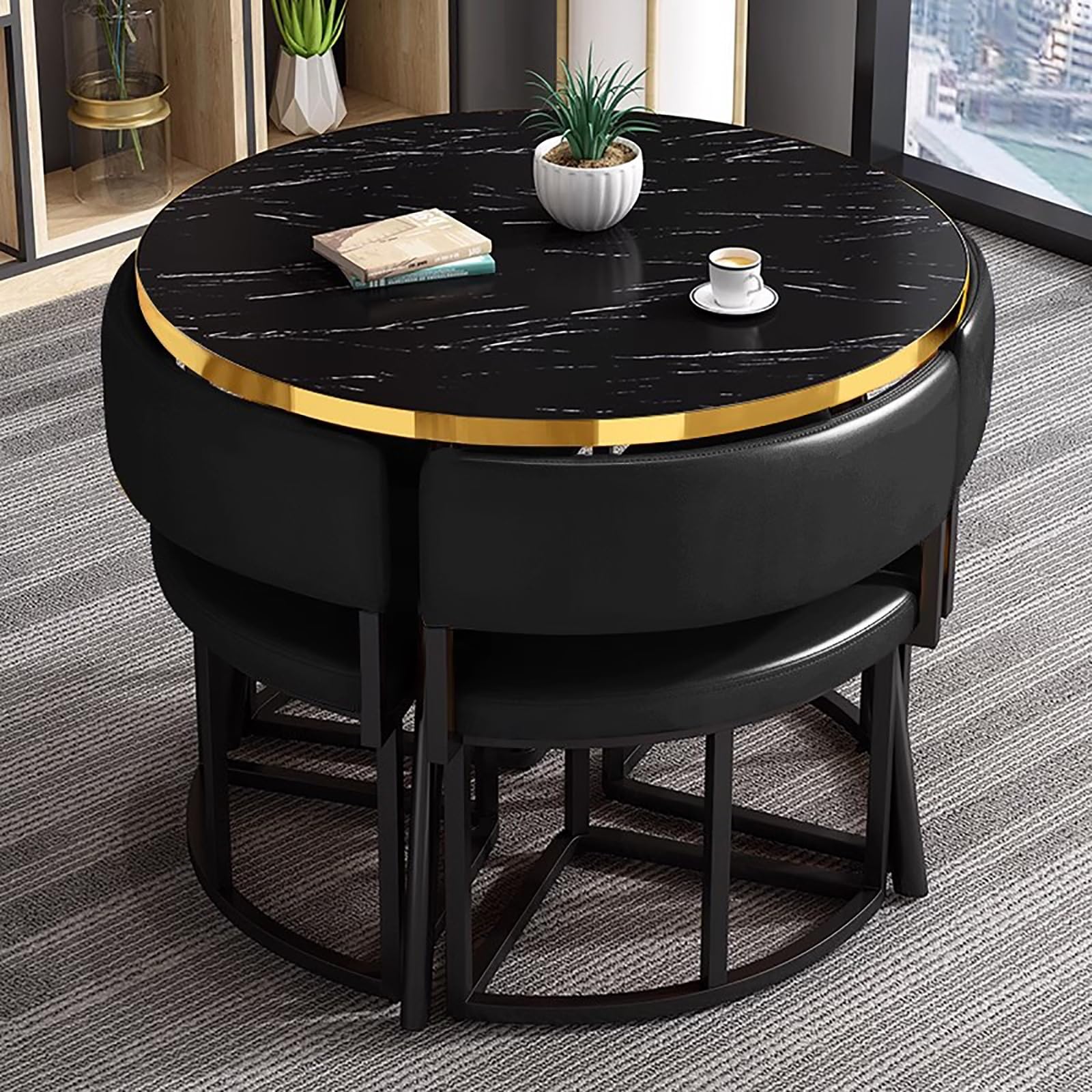 Moderno juego de mesa de comedor redonda negra de 35.4 pulgadas con 4 sillas, pequeña cocina y oficina, perfecto para comedor, conferencias y espacios de Loun.