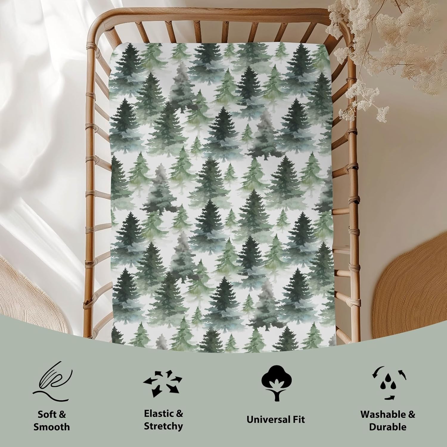 Watercolor Green Pine Trees Baby Crib Sheets for Boy Girl 52"x28" Gender Neutral Trees Soft Snug Fitted Crib Mattress Covers Winter Pines Landscape Baby Sheet for Standard Crib & Toddler Bed Mattress