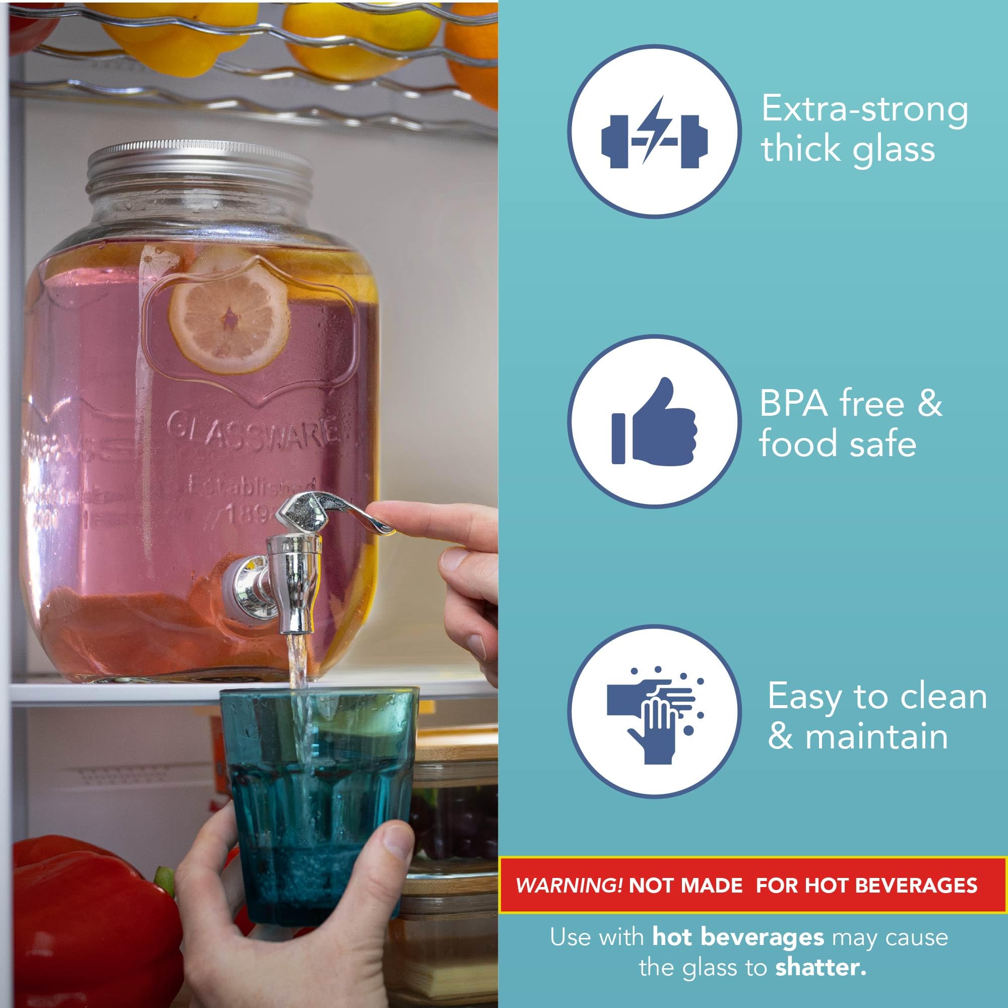 HEFTMAN Dispenser per bevande in vetro con rubinetto, 2 x 4 litri, vuoto, con robusto supporto in bambù, per acqua, succhi, cocktail, limonata