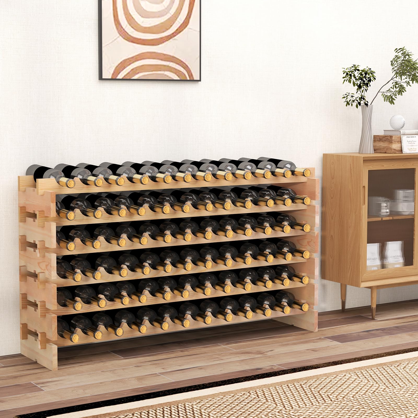 GOPLUS Range Bouteille pour 72 Bouteilles, 119x29x71,5CM, Casier à Bouteilles en Bois de Pin Massif avec 6 Étagères Modulable, Extensible, Montage Simple, Porte Bouteille pour Bars, Cave, Cuisine