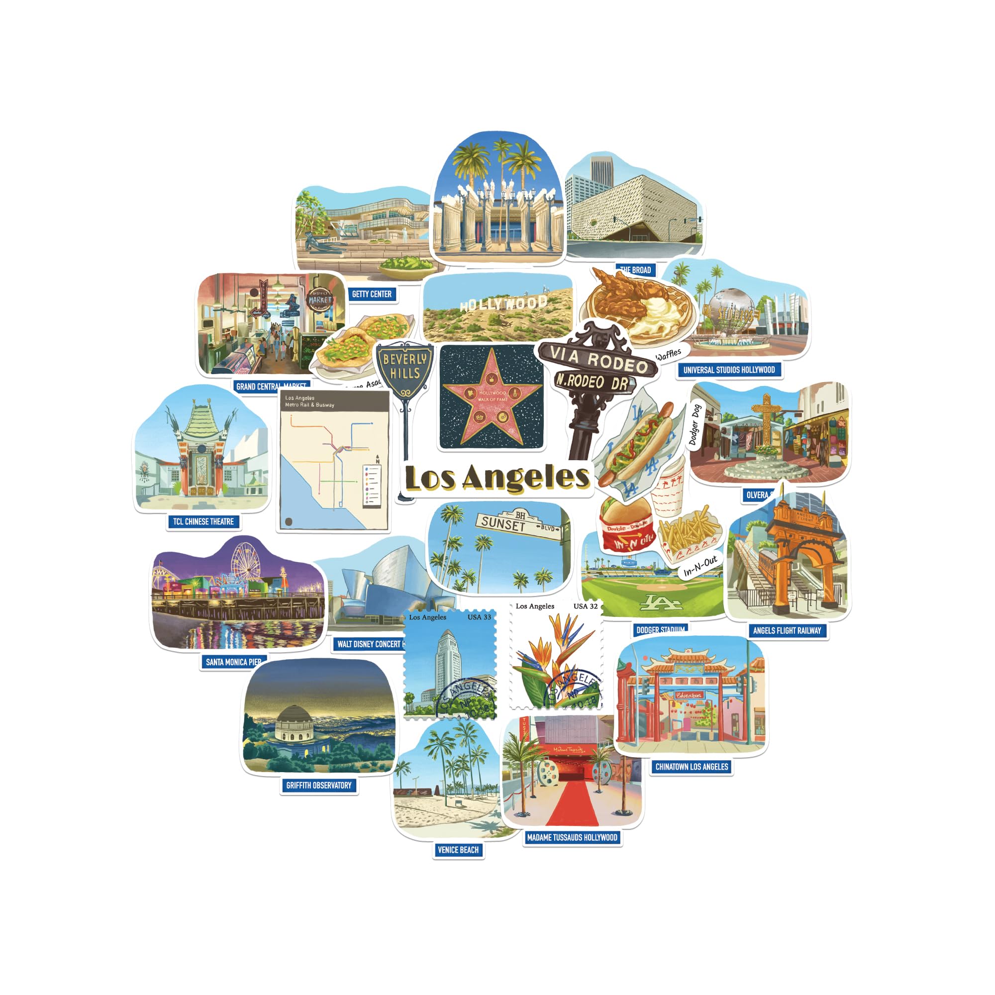 Navy Peony Lively Los Angeles Statement Stickers - Hand-Illustrated Gouache, Glossy, Waterproof - for Suitcases, Laptops, Water Bottles (28-Piece Set)