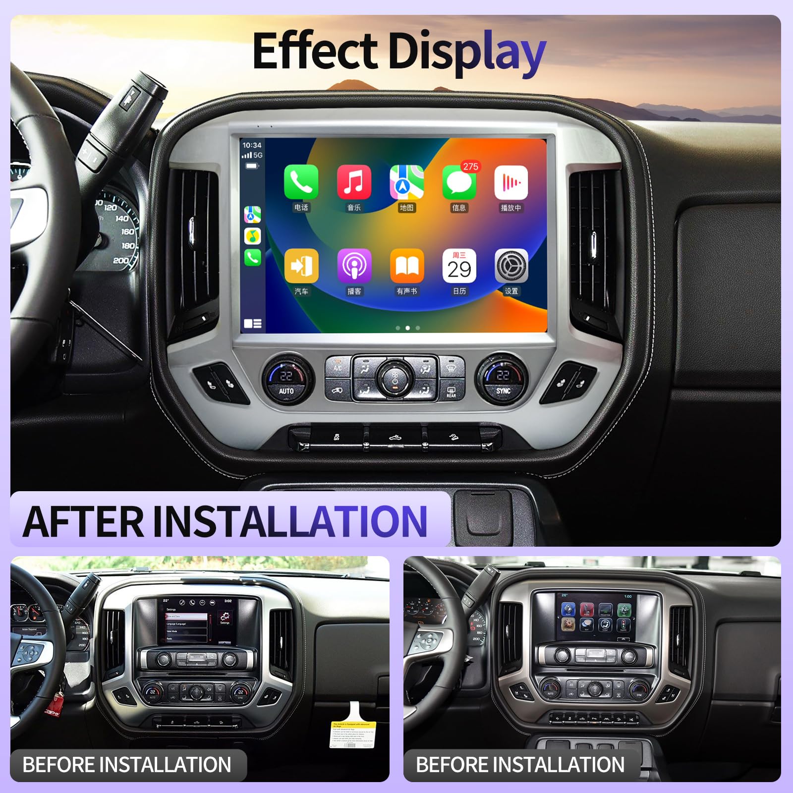 13.1 Inch Car Radio for Chevrolet Silverado GMC Sierra 2014-2019 Stereo Replacement Head Unit 2K IPS Full Touch Screen Carplay Android Auto GPS Navigation Multimedia Play 8+128G Silver