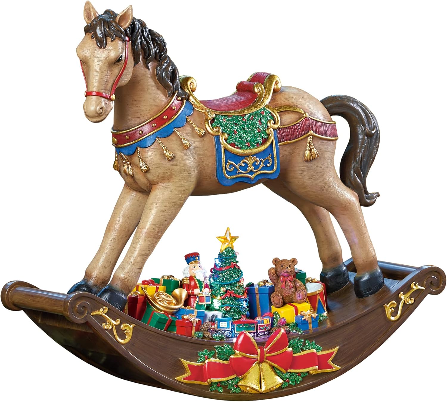 MOMENTS IN TIME Christmas Decor Rocking Horse with Santa Placing Presents Under The Christmas Tree Scene, with LED Lights and Christmas Music - Power Adapter (Included)