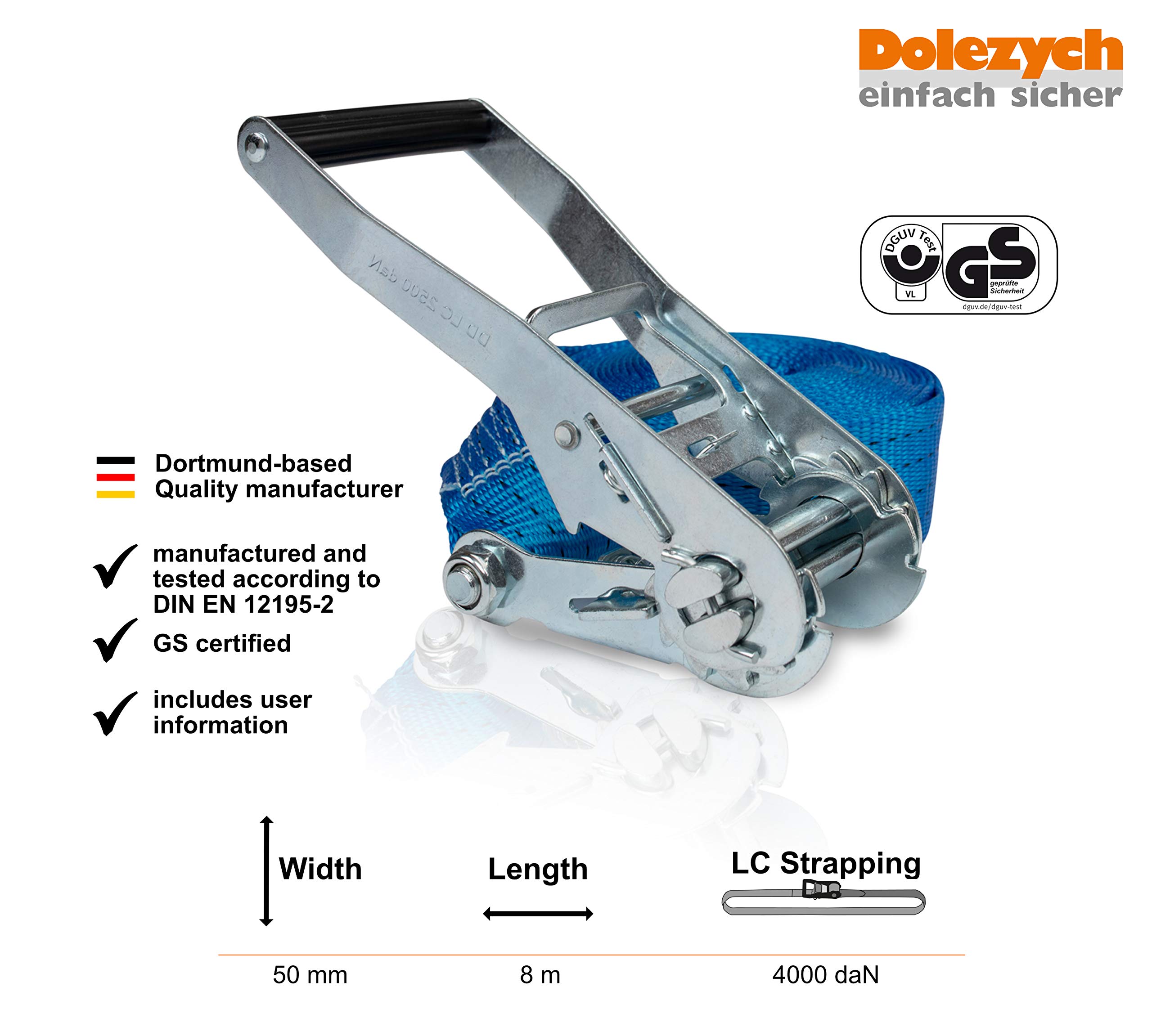 Sangle d'Arrimage à Cliquet en 1 Pièce Dolezych 4000 daN, Longueur 8 m - Bleue
