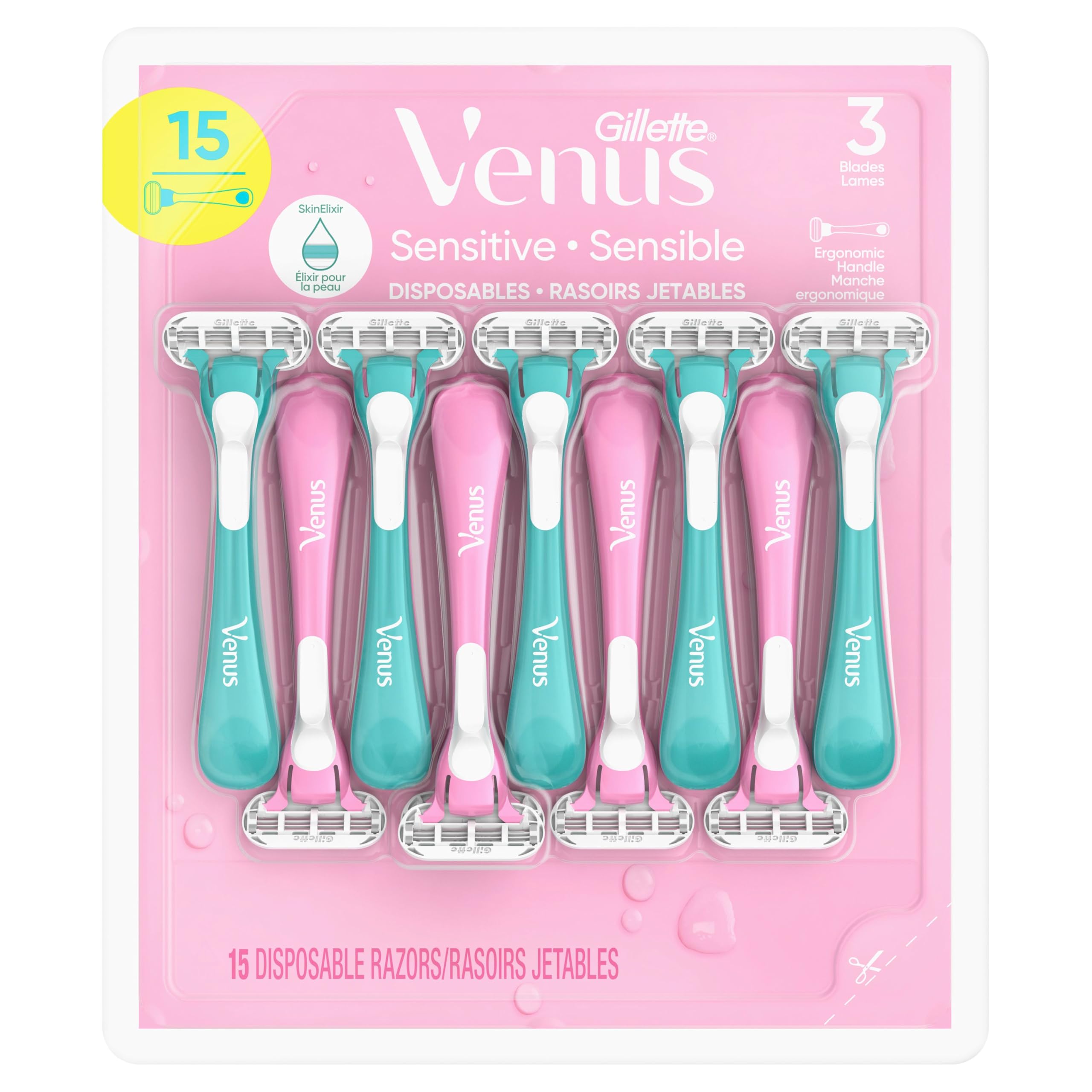 Gillette Venus Sensitive Disposable Razors for Women with Sensitive Skin, Delivers Close Shave with Comfort, 15 Count (Pack of 1)