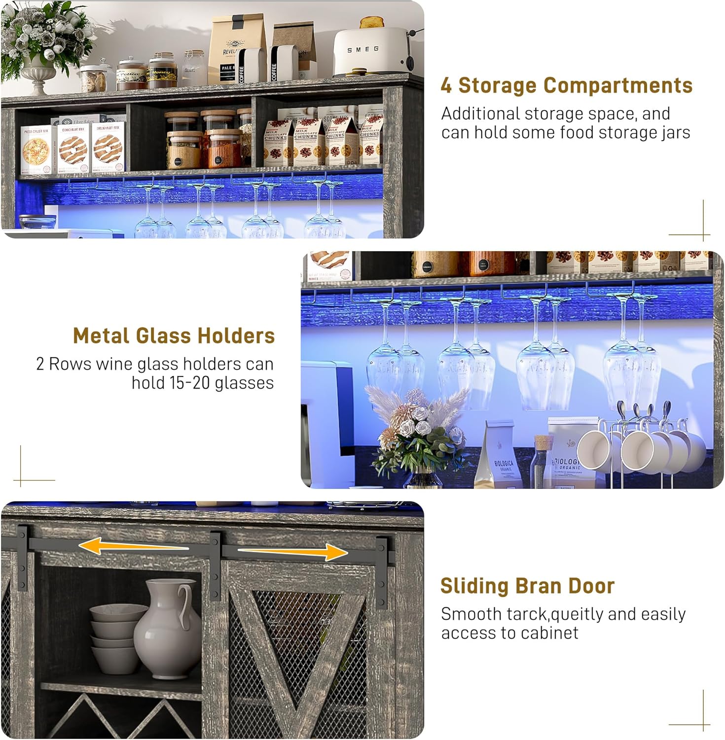 47"Wide 56"H Farmhouse Coffee Bar Cabinet with Power Outlet and LED Light,Wine Bar Cabinet w/3 Storage Hutch,Kitchen Buffet Cabinet with 10 Wine and Glass Racks for Kitchen Dining Room(Dark Oak)