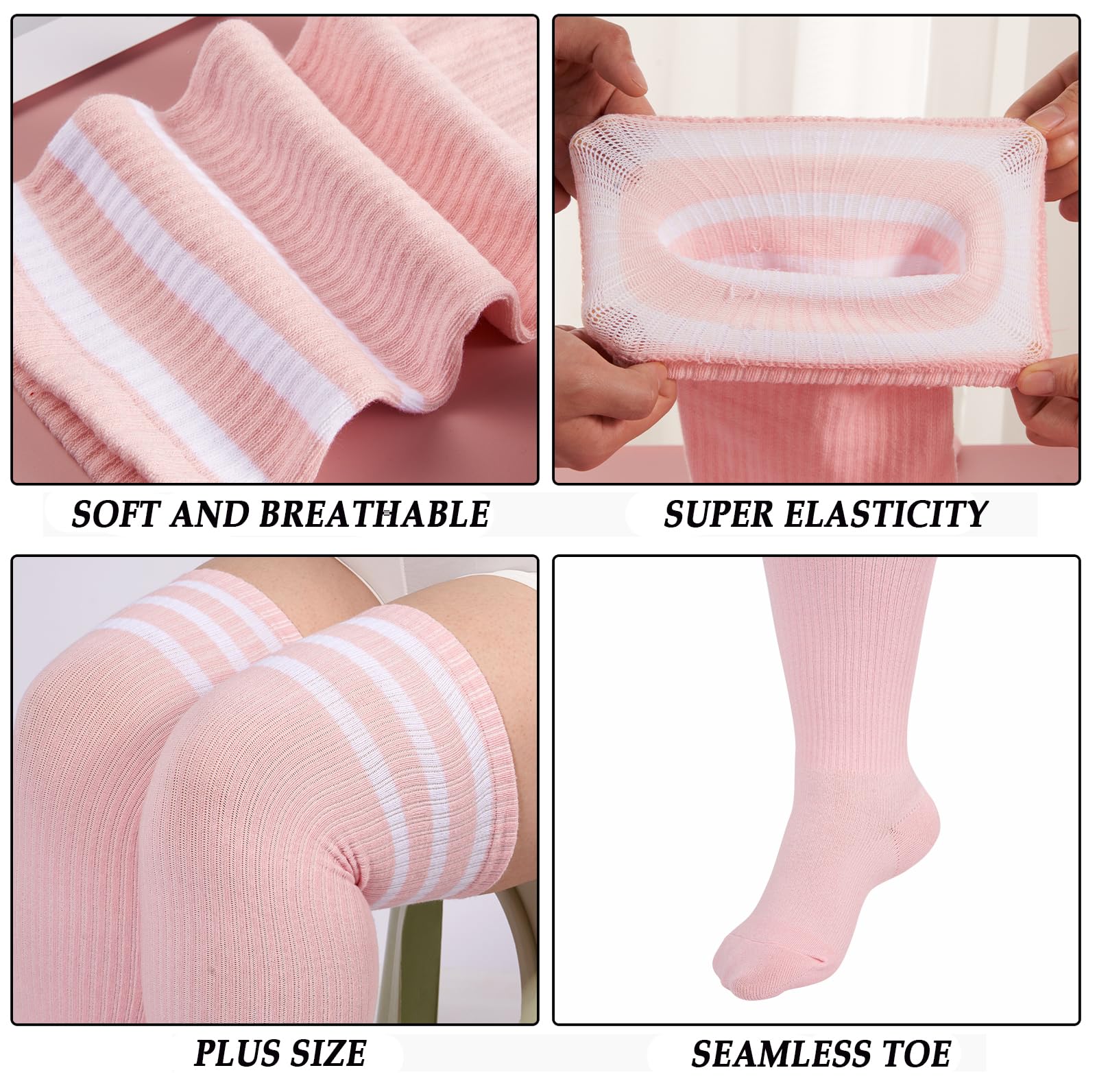 Moon Wood Plus Size Thigh High Socks for Thick Thighs- Womens Knit Cotton Extra Long Over the Knee High Socks Leg Warmer: One Size Plus Baby Pink & White