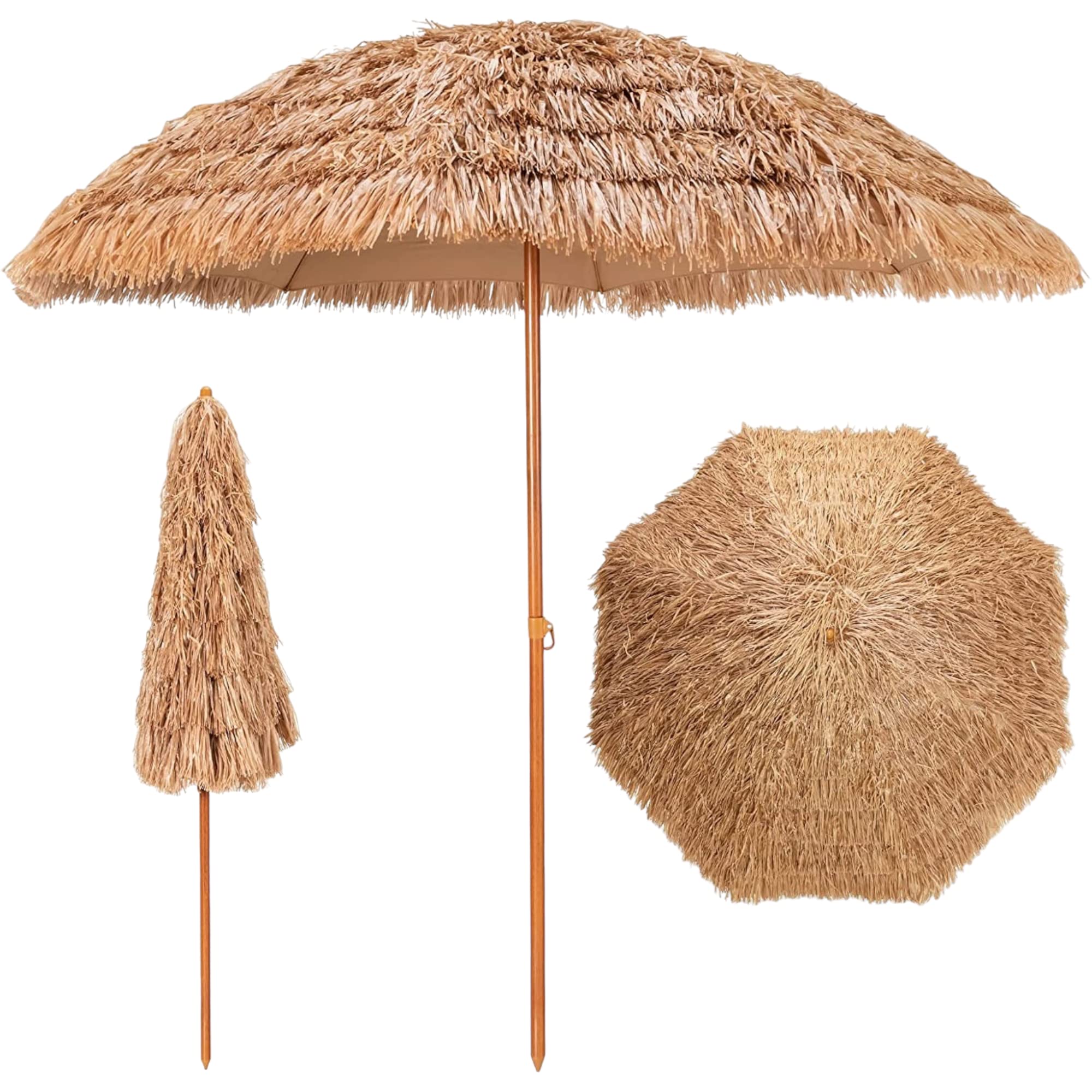 Pincho Sombrilla terraza exterior 200cm, Sombrilla Hawai Jardin/Playa varillas de fibra de vidrio, tela poliester + PP, tubo de acero lacado en color madera