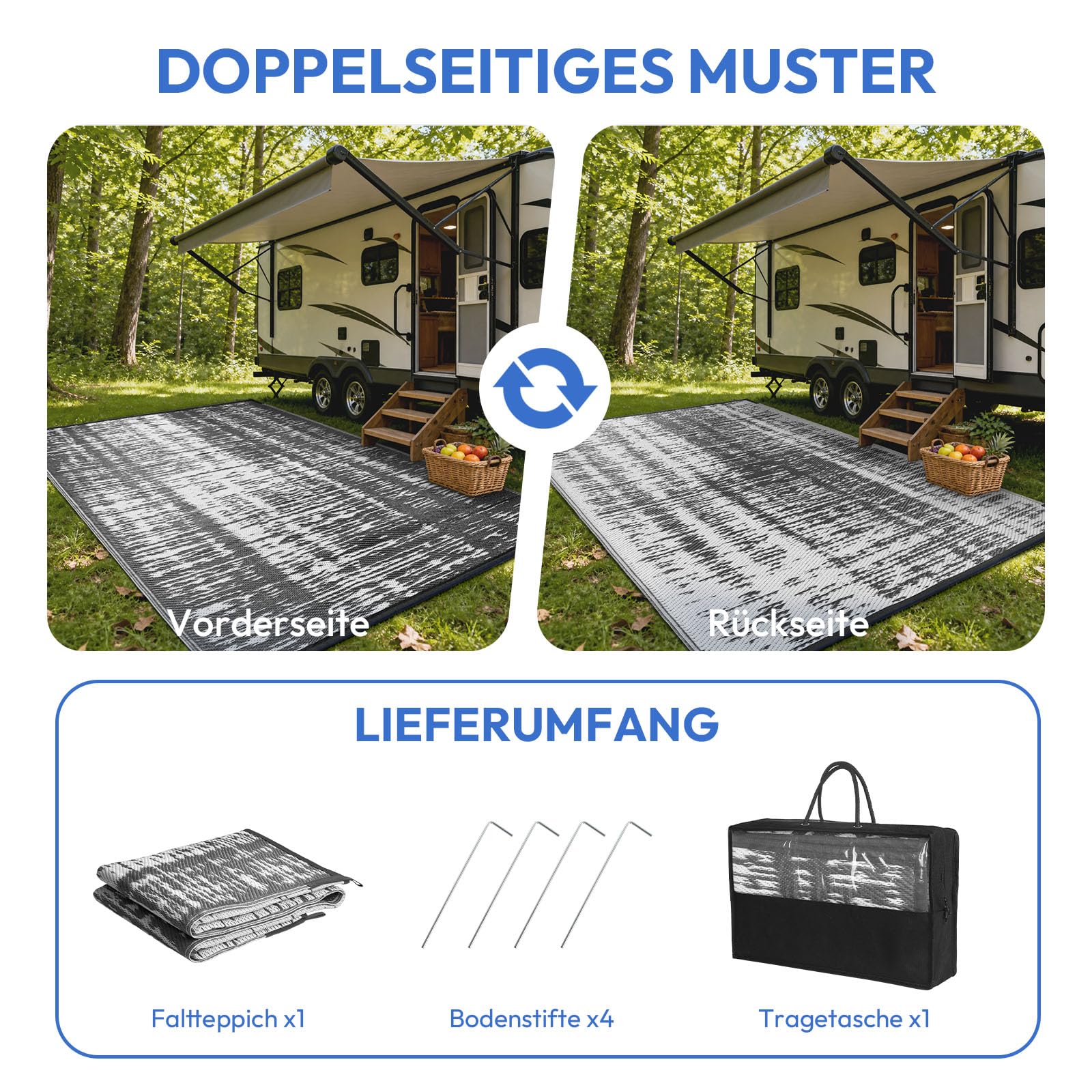 Treeboy Outdoor Teppich Wetterfest 180x270cm Reversible Matte aus Kunststoff Stroh UV-beständig Campingmatte Recycling für Patio Balkon Strand BBQ Picknick Deck,Grau & Weiß