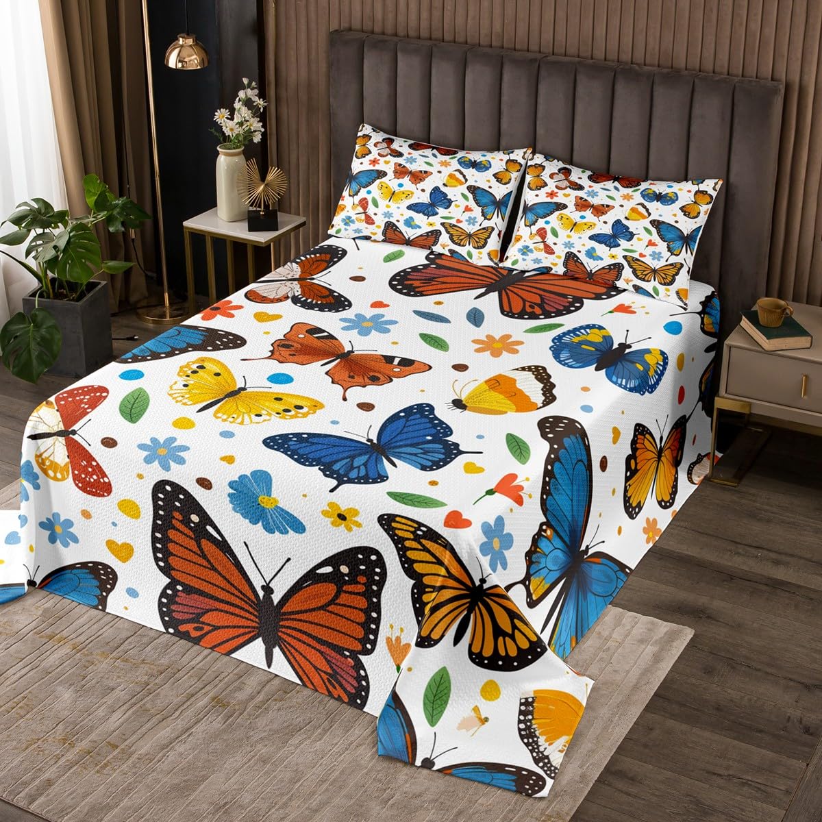Erosebridal Butterfly Quilt Set King Colorful Butterfly Bedspread Sets for Kids Boys Girls Teen,Spring Flowers Plants Coverlet Sets Aesthetic Watercolor Animal Bed Set