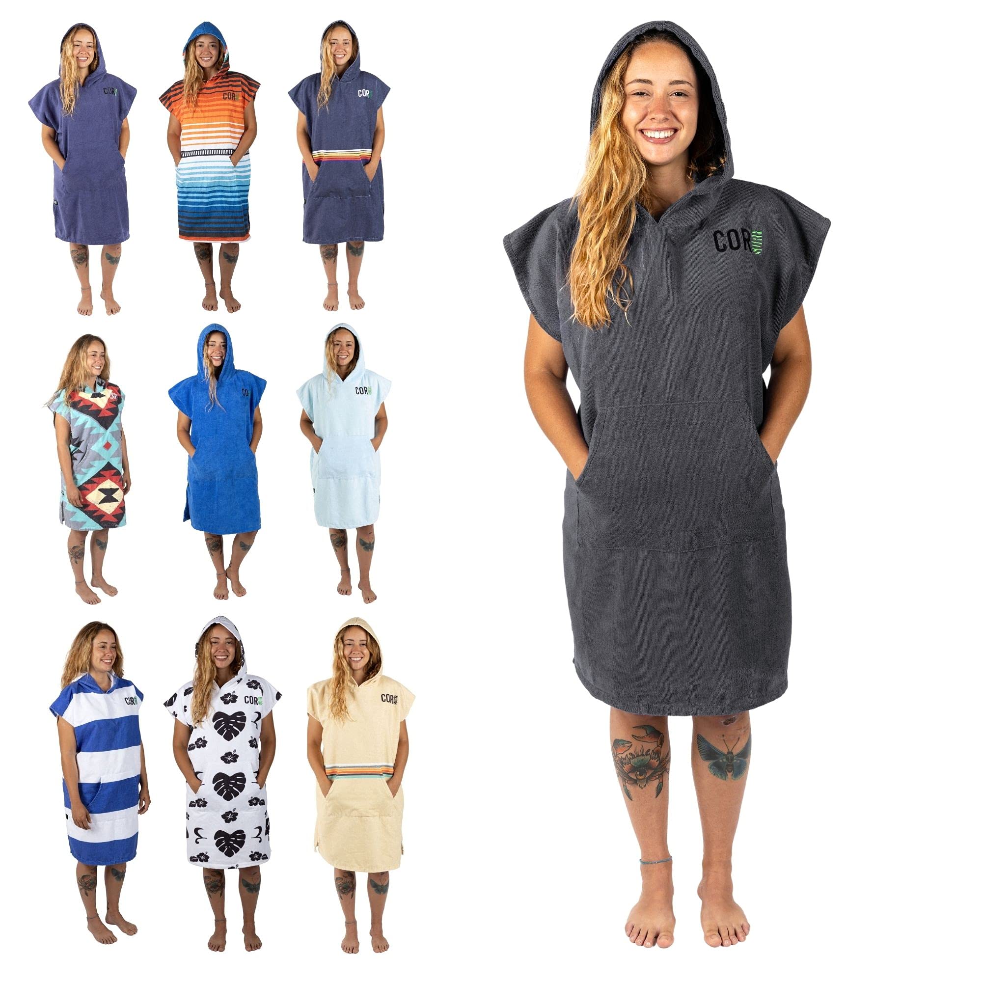 COR Board Racks Changing Towel Poncho Robe with Hood | One Size Fits All | Available in Green, Light Blue, Dark Blue, Grey | Great for Changing at The Pool or Beach