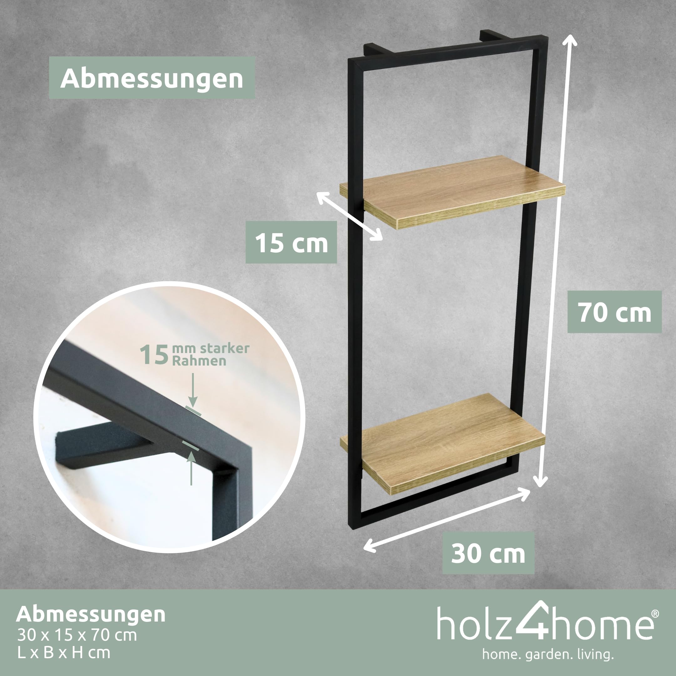 Holz4home Wandregal Small – Schwarz, 30x15x30 Cm, MDF & Metall, Industrial-Look