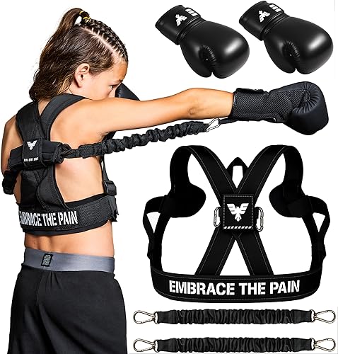 Elite Sports Arnés de boxeo para niños con guantes de 6 onzas, bandas de resistencia ajustables (3 niveles), correa de estabilidad, hombros y