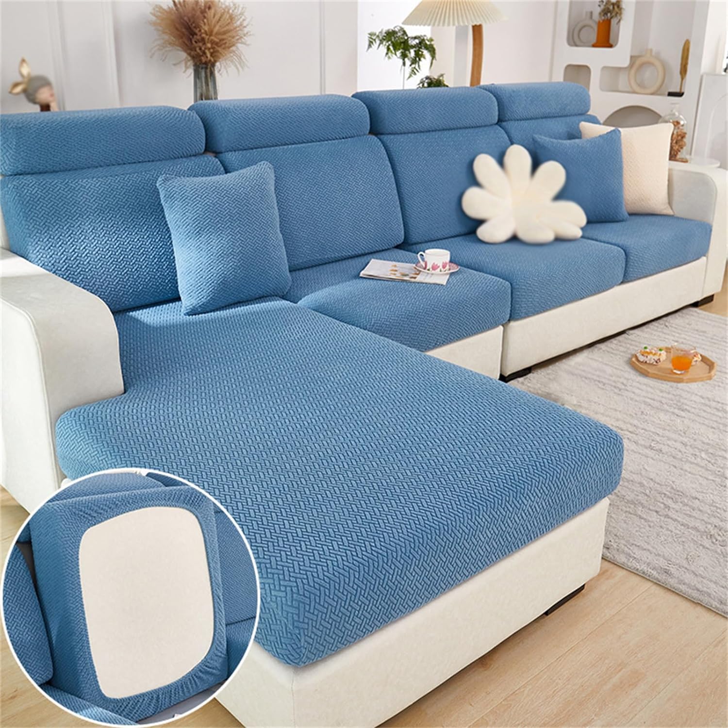 Stretch Sofa Covers,Couch Cushion Slipcovers for Sofa Bedroom,Anti-Slip L Shape Sofa Covers,Chaise Lounge Sofa Slipcover,Wear-Resistant,for Sectional Sofa(Lake Blue,Large Single Seat)