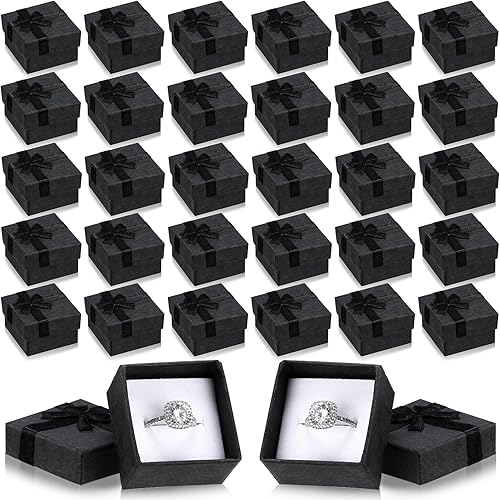 72 cajas de anillos de 1.6 x 1.6 pulgadas, caja de joyería de cartón duro con lazo de cinta, pequeñas cajas de regalo para pequeñas empresas (negro)