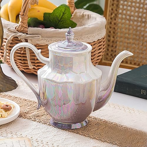 Miniatura 3 de Tetera de cerámica, tetera de porcelana de 37 onzas con tapa para té, leche, café, té de flores (morado)