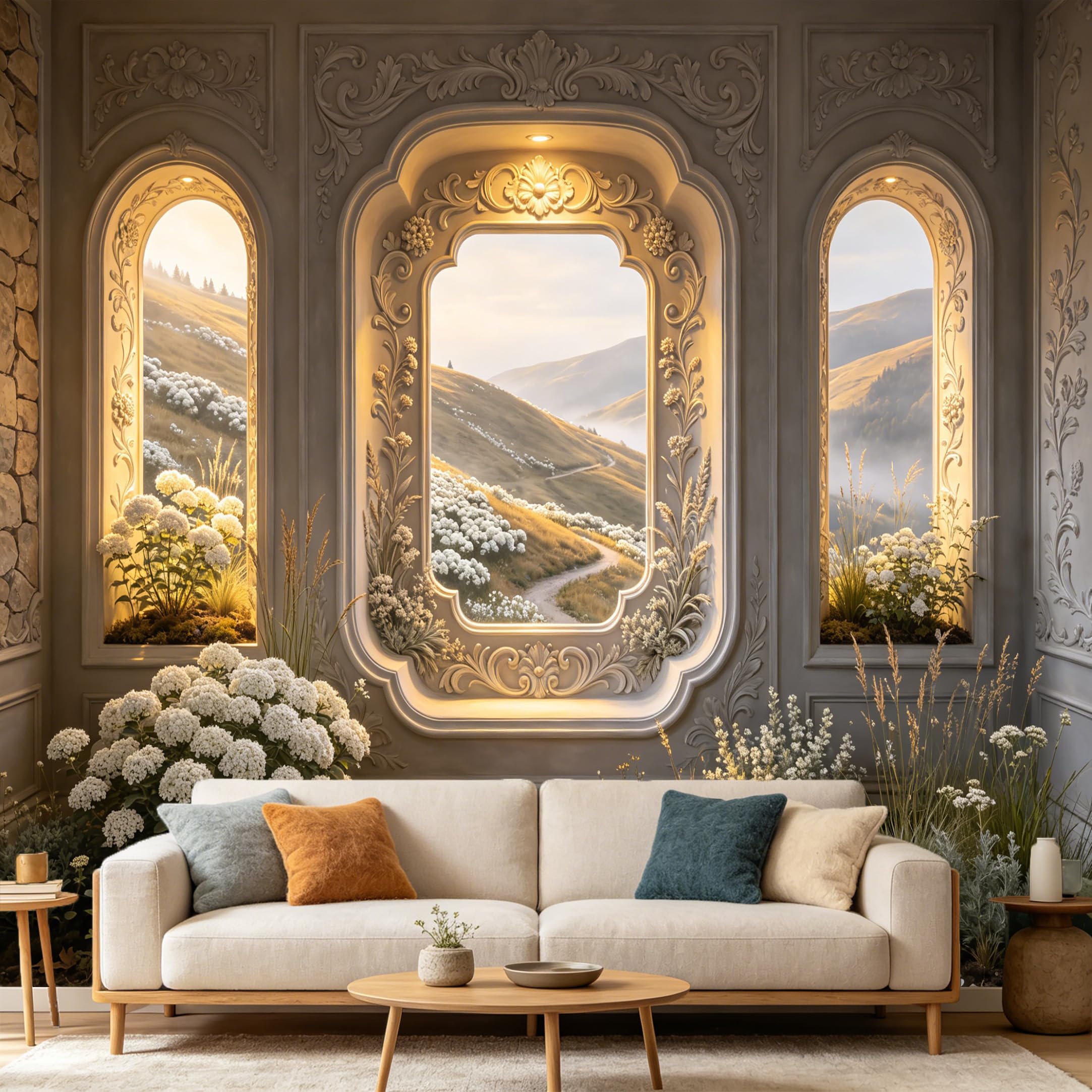 Custom Size Wall Mural， 3D Trompe L'Oeil Window Mountain Landscape， Neoclassical Architectural Arch， SelfAdhesive Art Prints wall Fabric Removable Large Wallpaper Home Living Room Decor