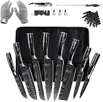 FULLHI 14pcs Couteau japonais avec poignée en résine verte - Couteaux de cuisine en acier inoxydable allemand haut de gamme
