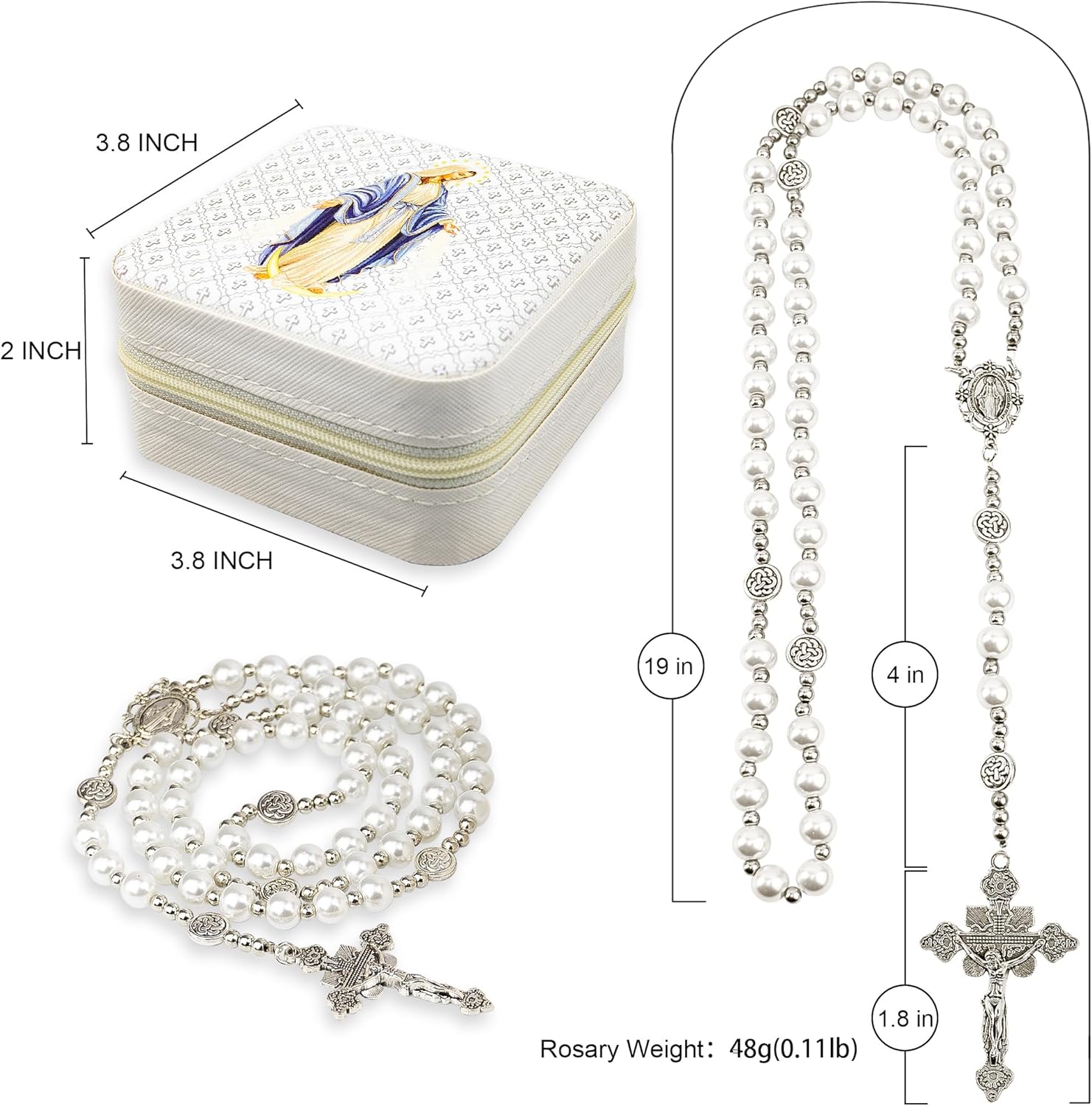 8mm Pearl Rosary Necklace Catholic Jewelry - Blessed Virgin Mary Beaded Necklace for Women, First Communion Baptism Gift with Prayer Card & Storage Box - Image 3