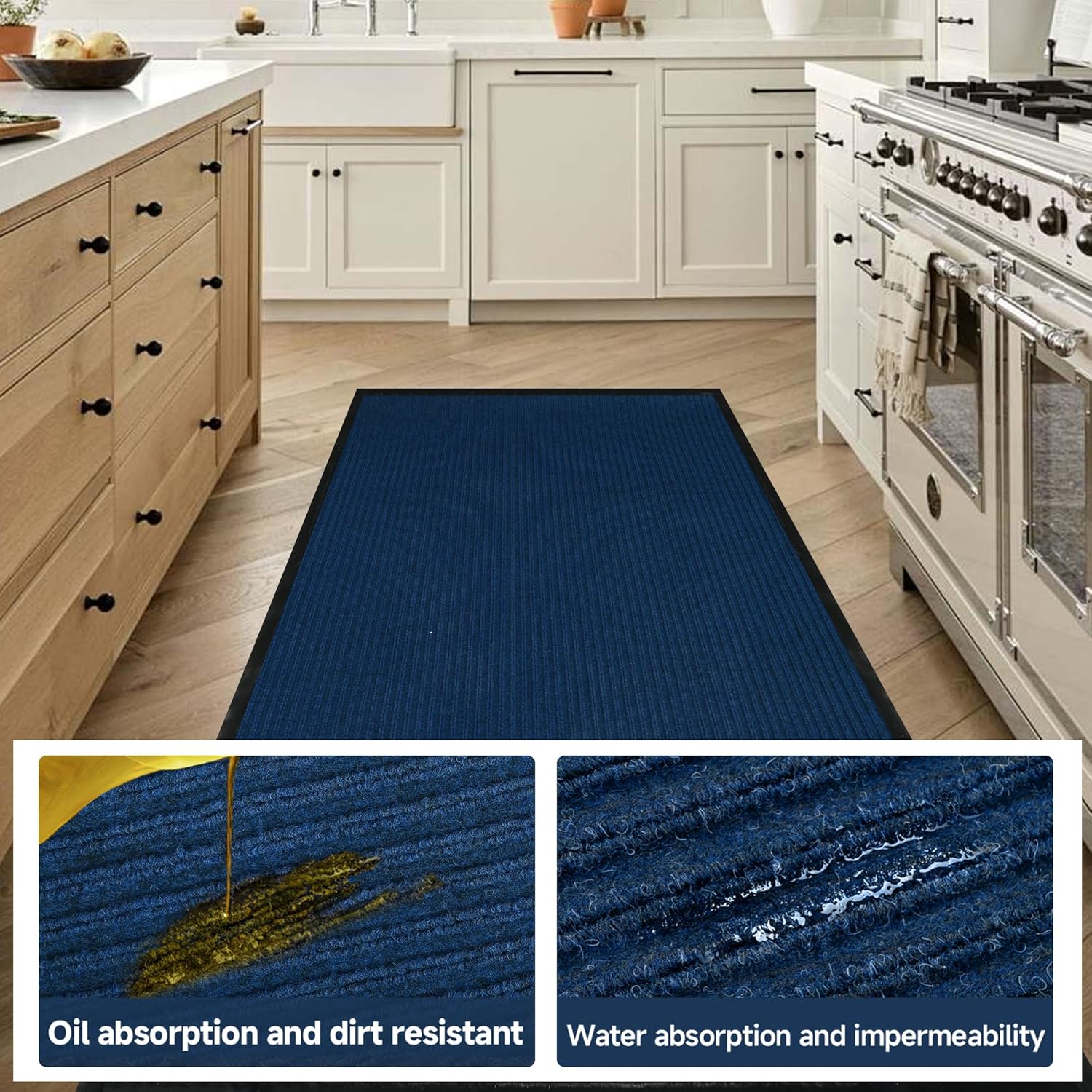 uyoyous Commercial Grade Door Floor Mat 3' x 10' Brush Step Entrance Mat Heavy Duty Indoor Outdoor Doormat Non Slip Hallway Runner Rug Low Profile Rubber Floor Mat Carpet Runner, Blue