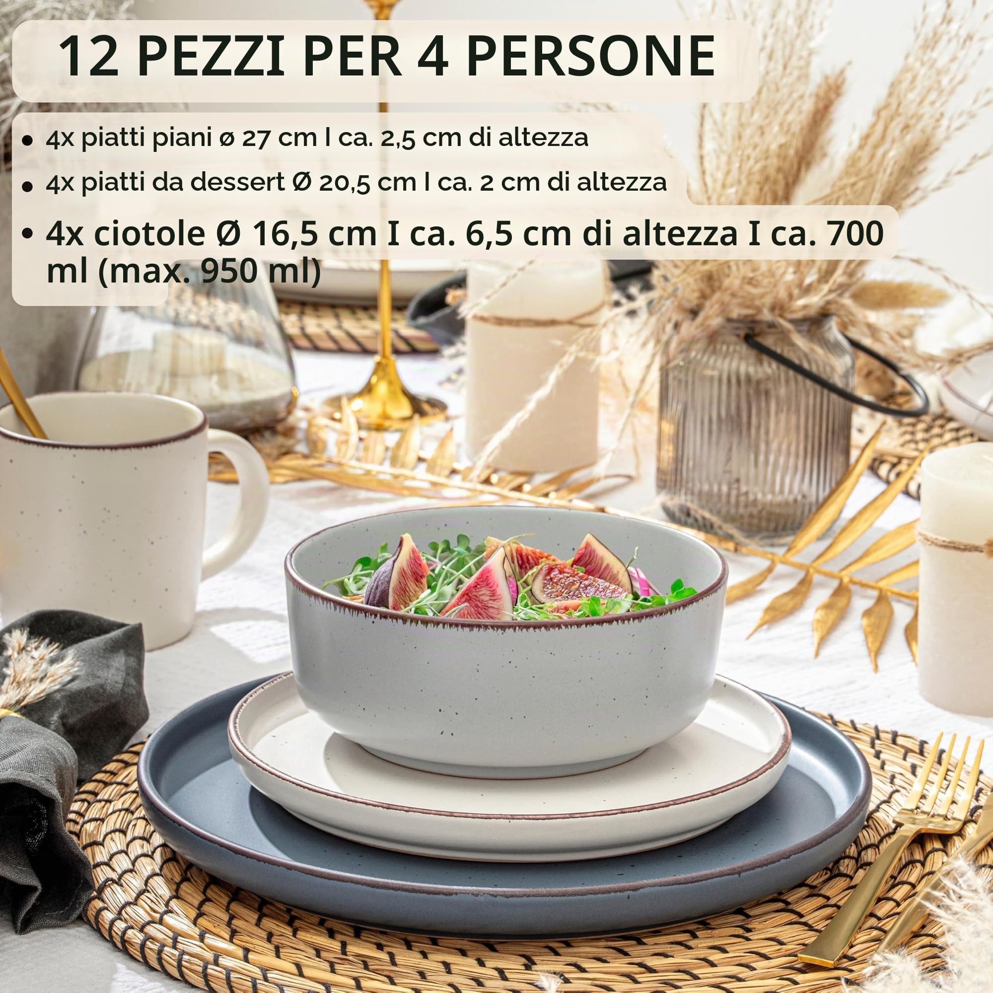 SÄNGER Bombay Moonlight | Set di stoviglie 12 pezzi, stoviglie in gres porcellanato per 4 persone, 4 piatti piani, 4 piatti da dessert, 4 ciotole, set di piatti colorati | Value Collection